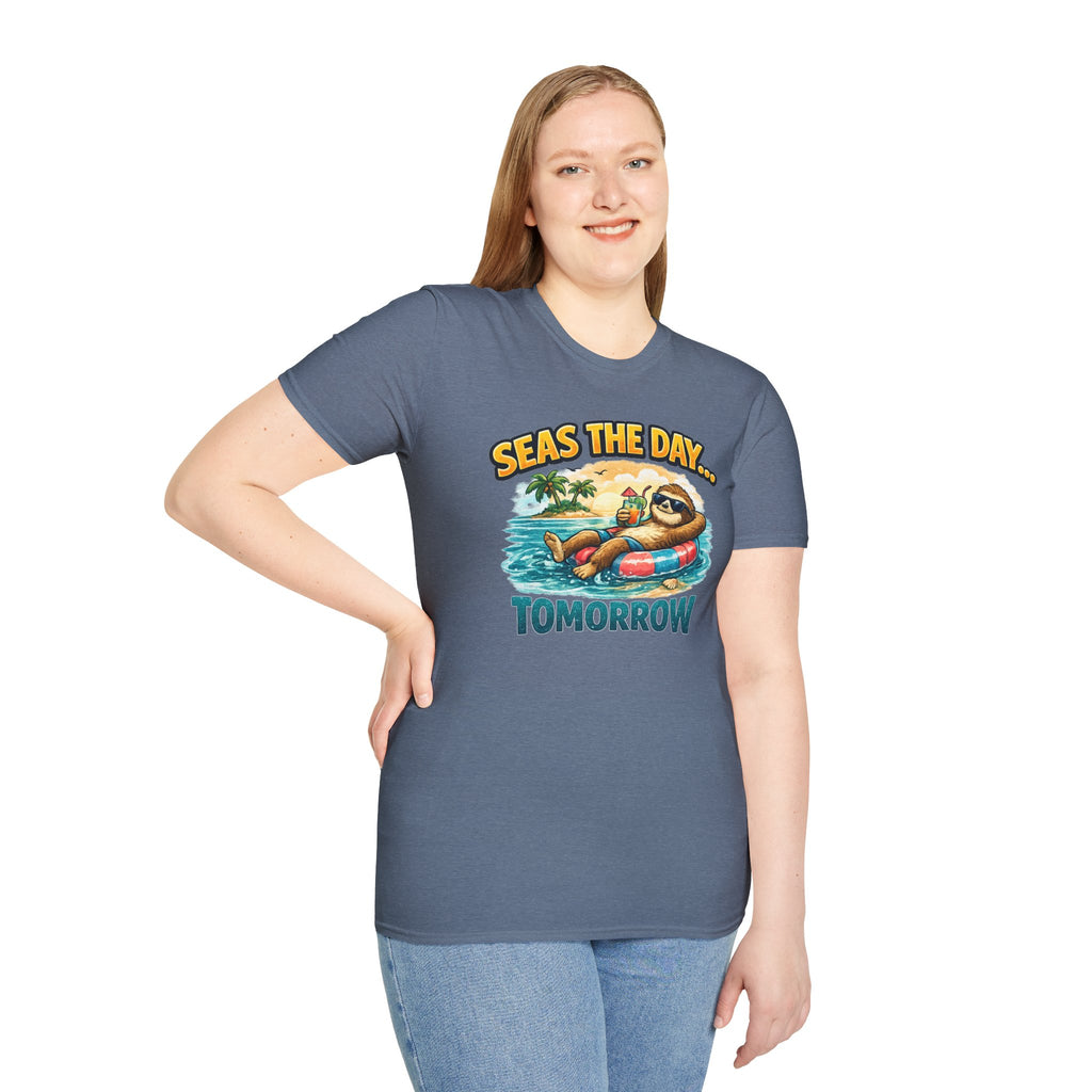 Seas the Day Sloth T-Shirt — Funny Tropical "Seas the Day... Tomorrow" Tee