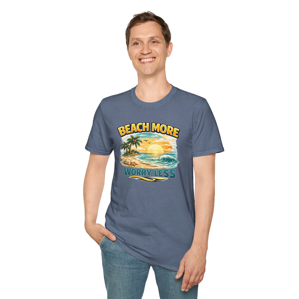 Beach More Worry Less T-Shirt — Vintage Sunset Palm Beach Graphic Tee