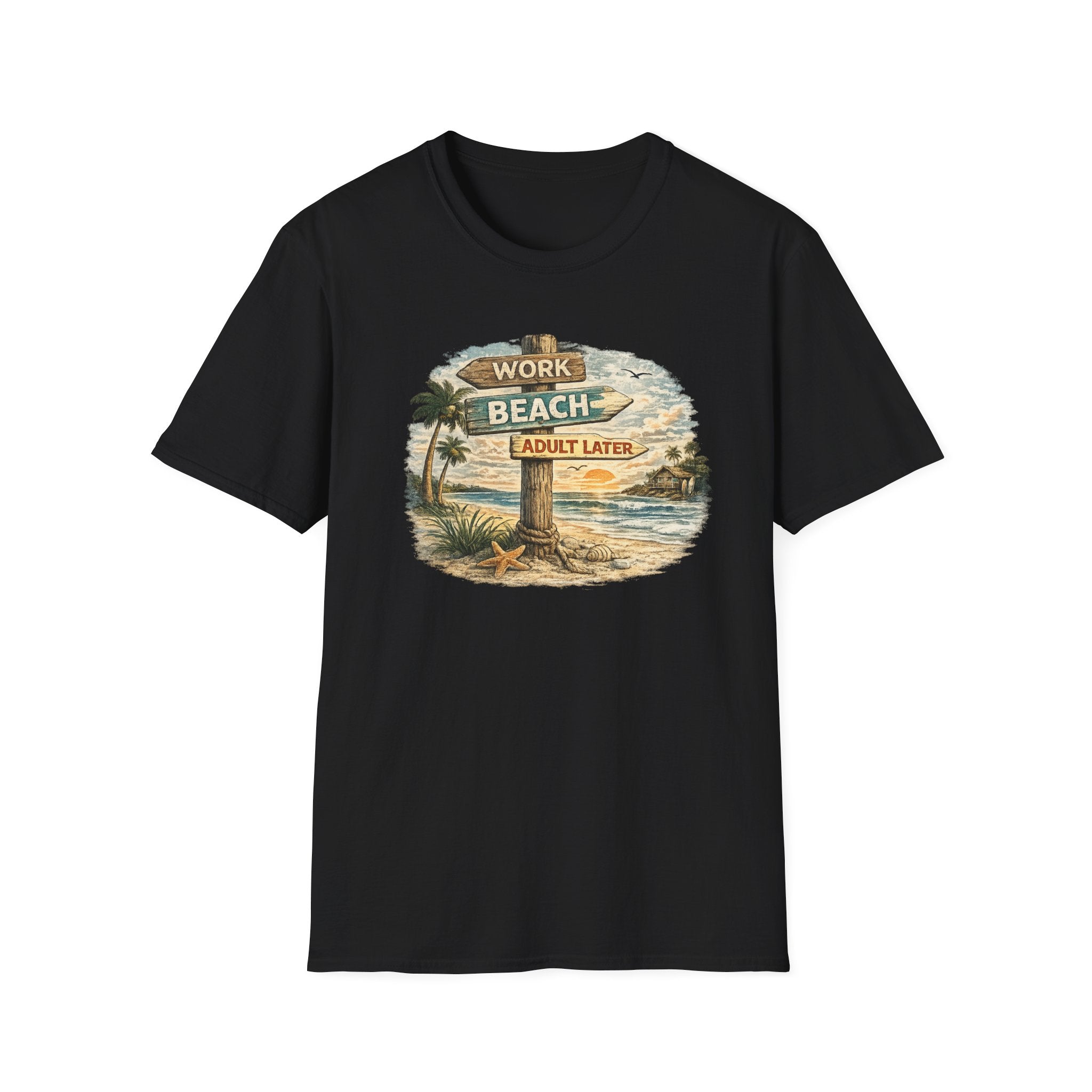 Beach Signpost T-Shirt — "Work Beach, Adult Later" Vintage Sunset Tee