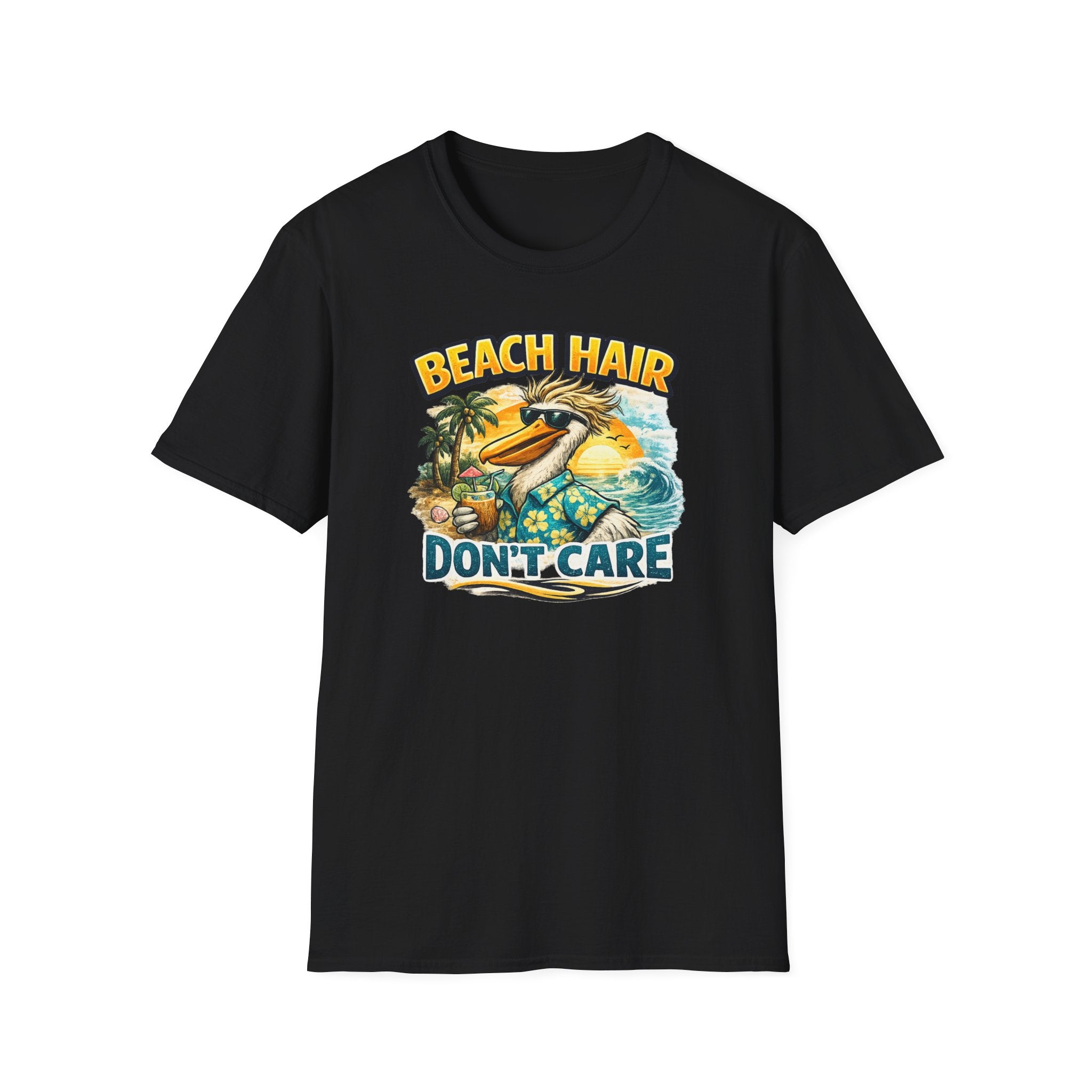 Beach Hair Don't Care T-Shirt — Tropical Pelican Vacation Tee