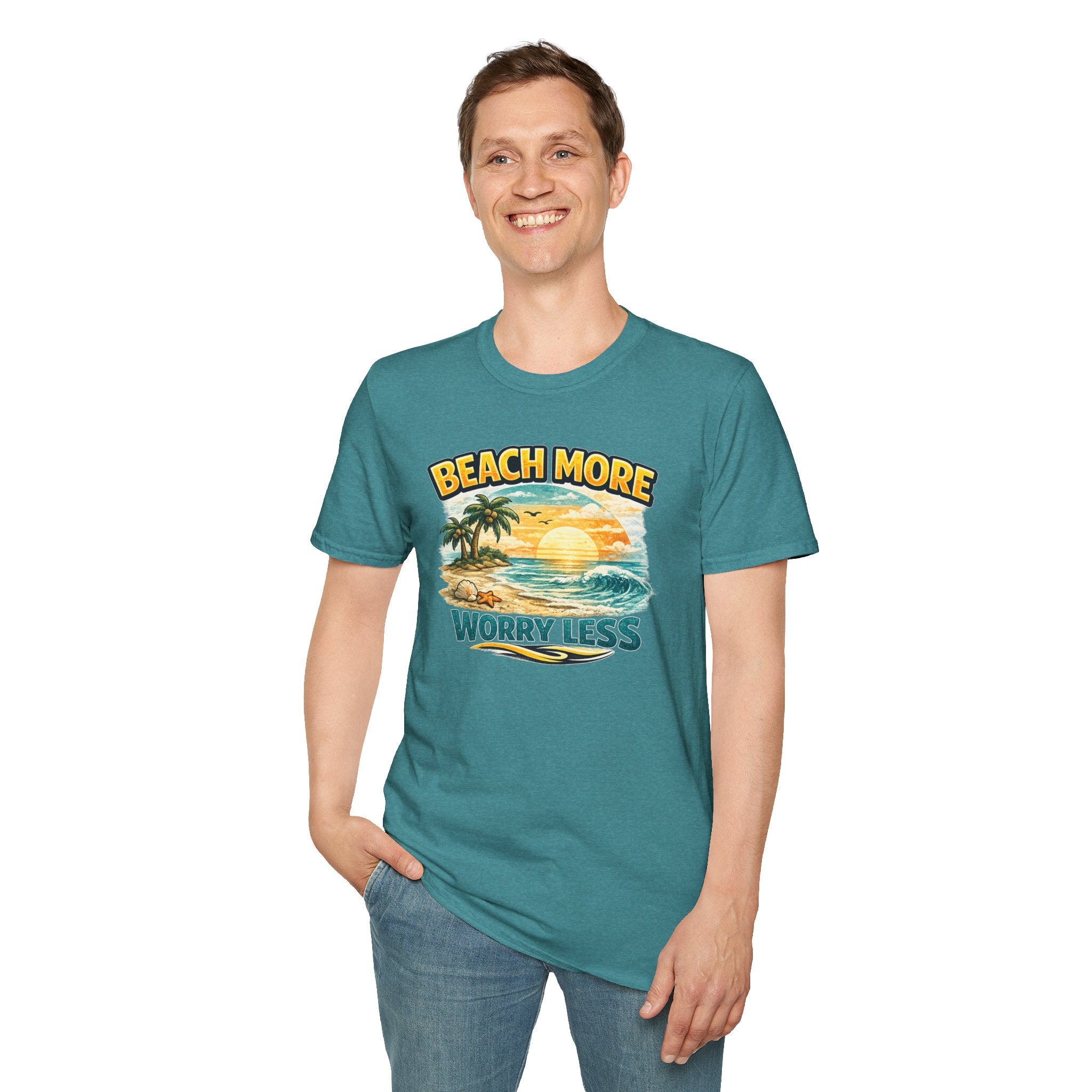 Beach More Worry Less T-Shirt — Vintage Sunset Palm Beach Graphic Tee