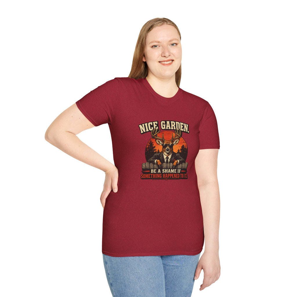 Nice Garden Deer T-Shirt — Vintage Stag Graphic Tee ("Nice Garden" Text)