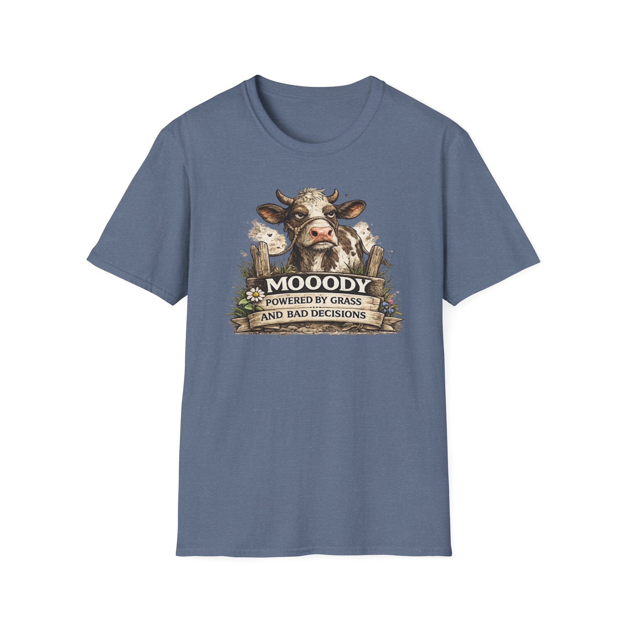 Moody Cow T-Shirt — "Moody: Powered by Grass and Bad Decisions" Graphic Tee