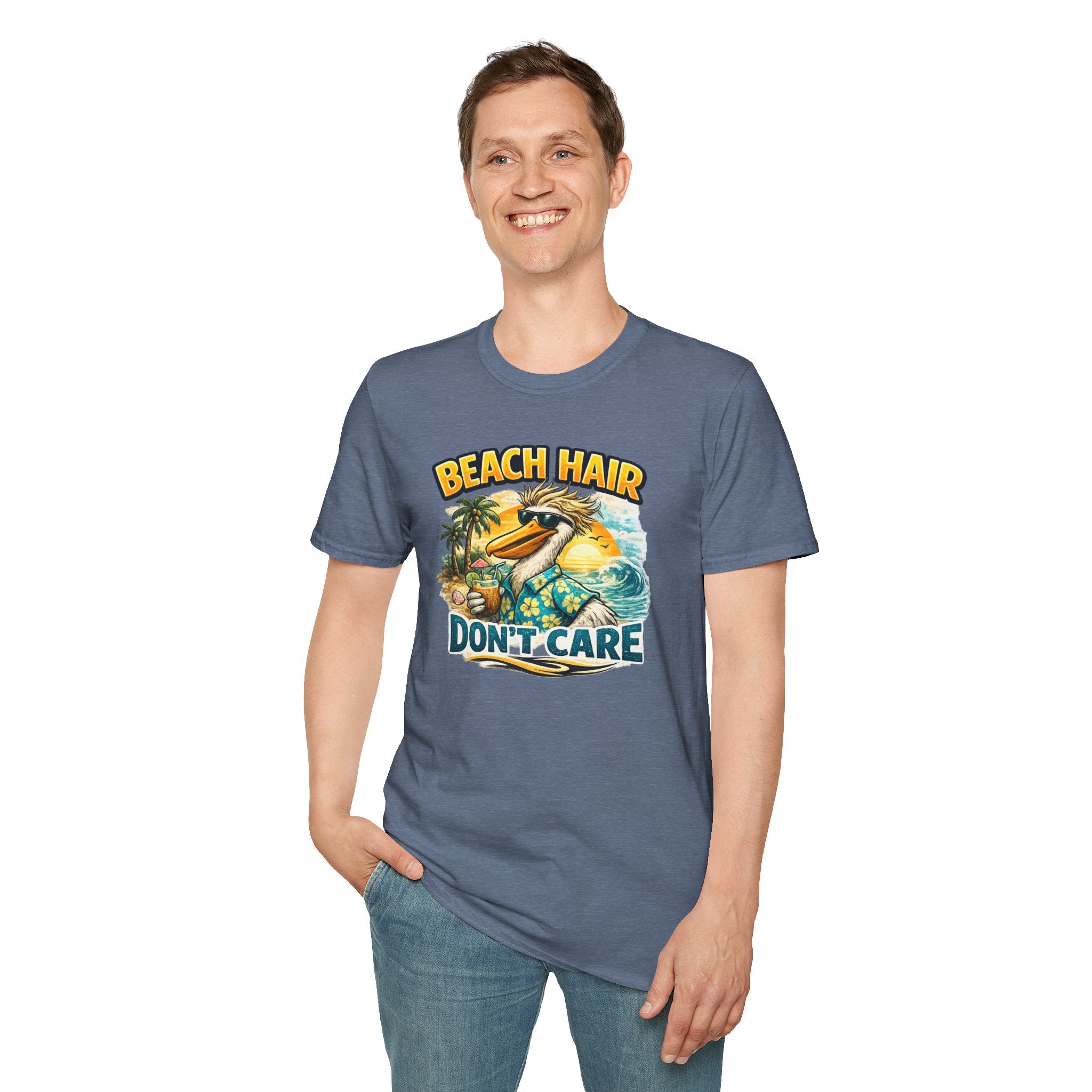 Beach Hair Don't Care T-Shirt — Tropical Pelican Vacation Tee