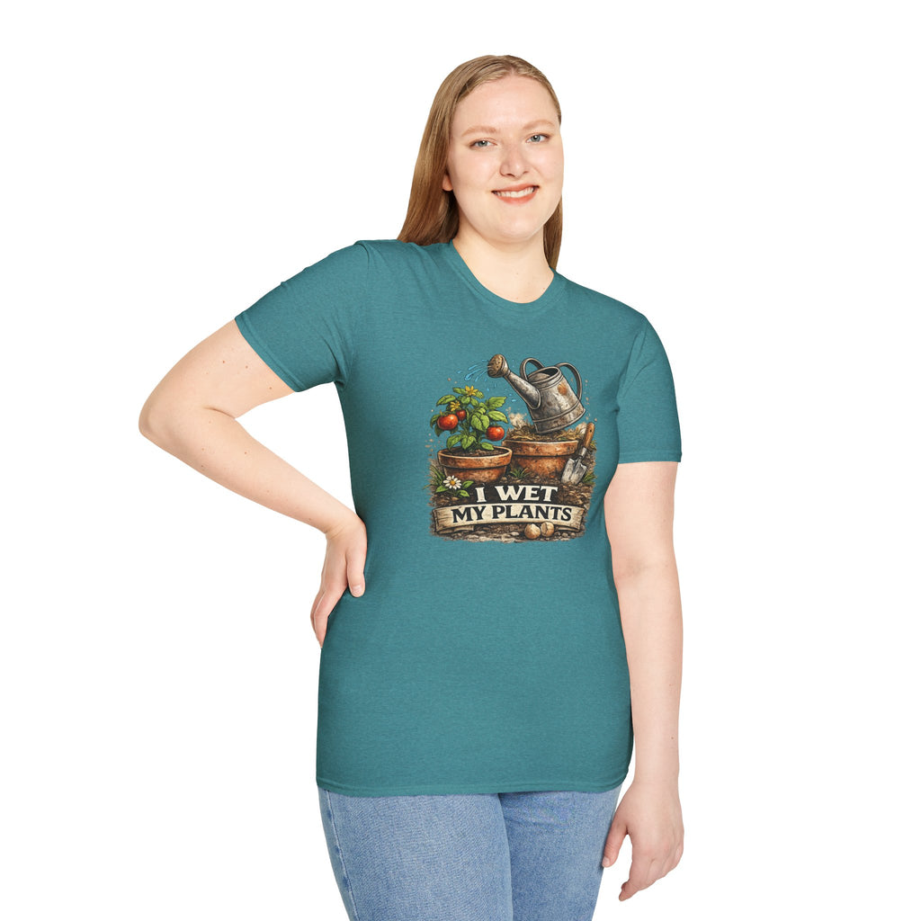 Gardening T-Shirt — "I Wet My Plants" Watering Can & Potted Herbs Tee
