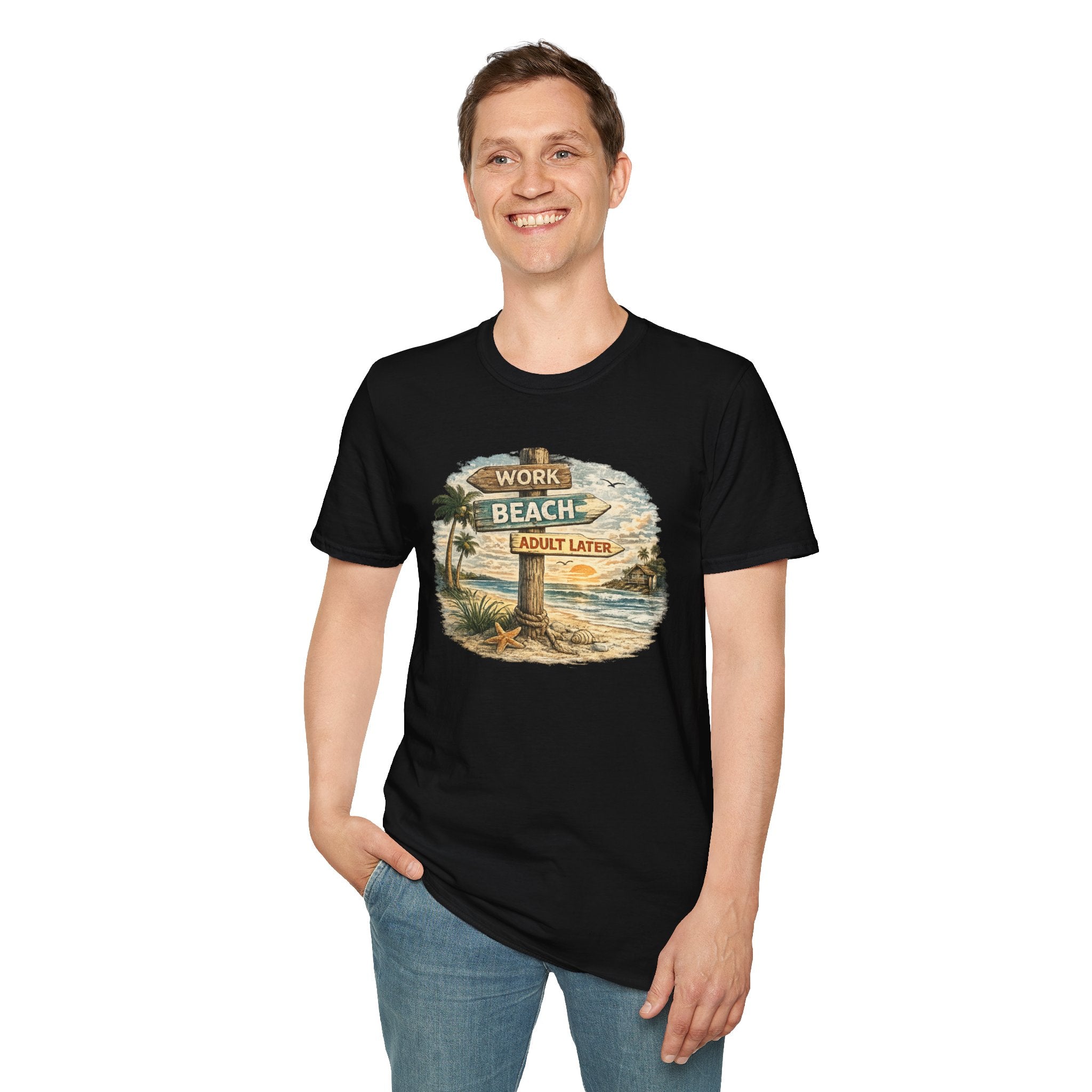 Beach Signpost T-Shirt — "Work Beach, Adult Later" Vintage Sunset Tee