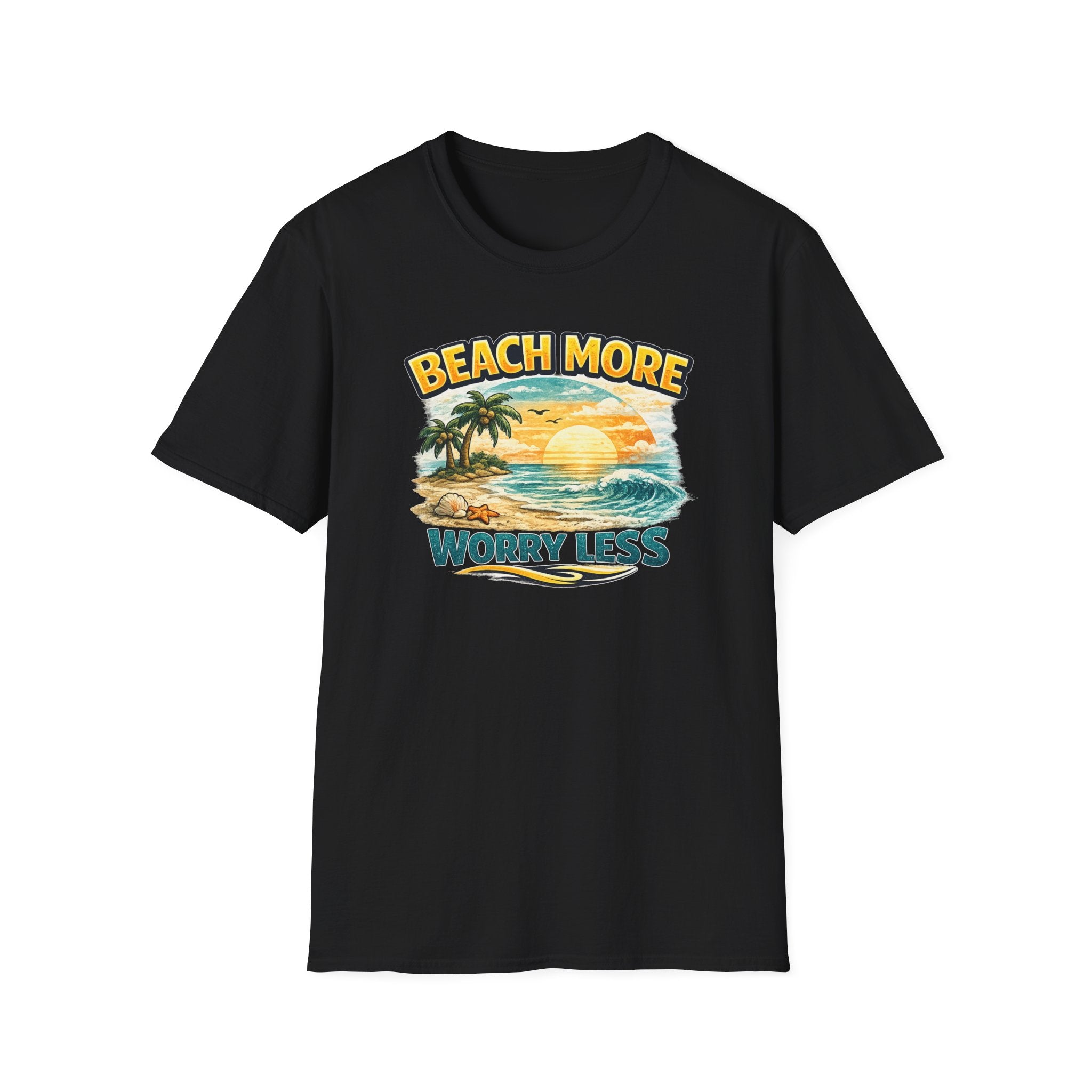 Beach More Worry Less T-Shirt — Vintage Sunset Palm Beach Graphic Tee