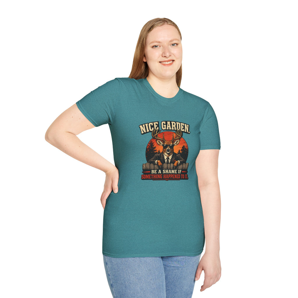 Nice Garden Deer T-Shirt — Vintage Stag Graphic Tee ("Nice Garden" Text)