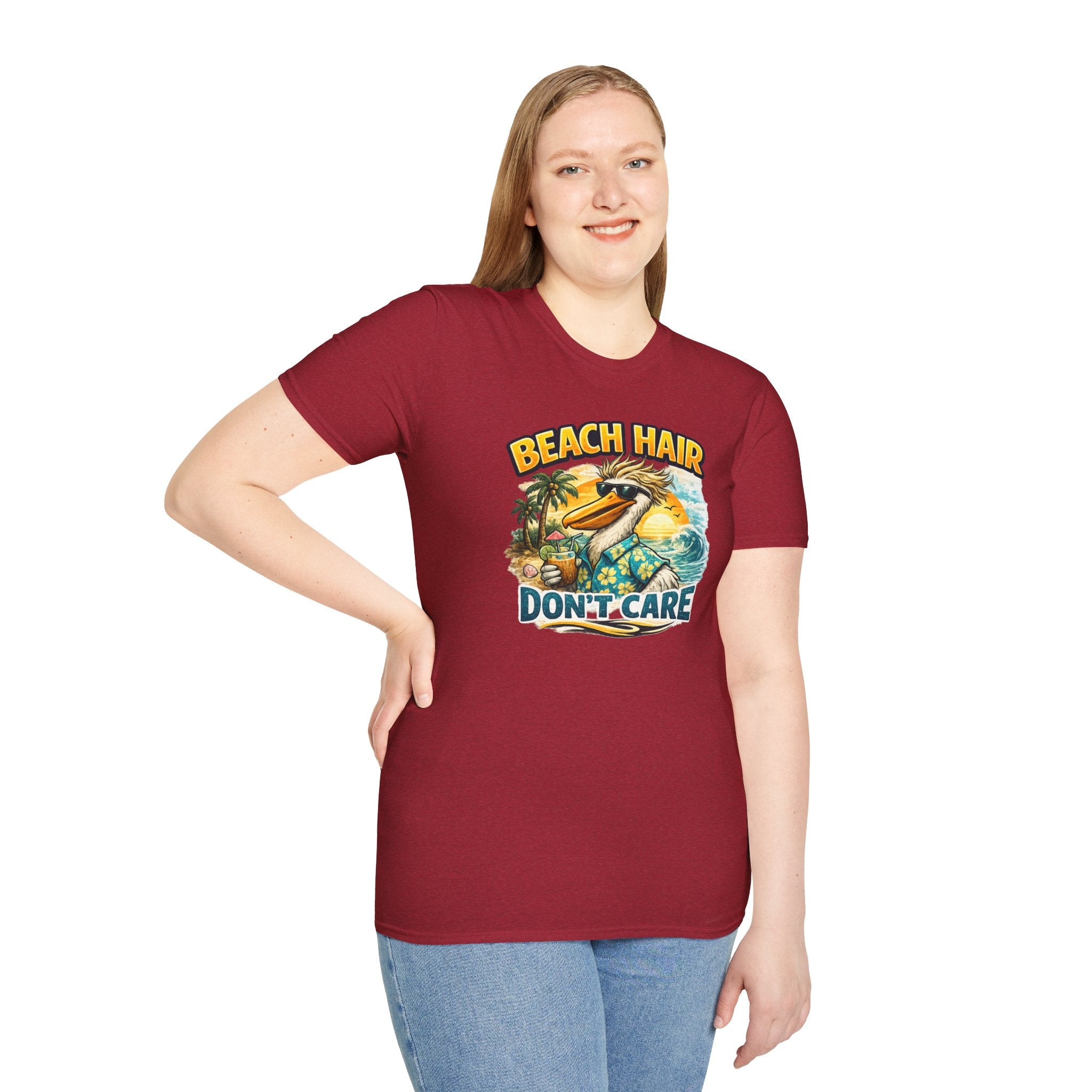 Beach Hair Don't Care T-Shirt — Tropical Pelican Vacation Tee