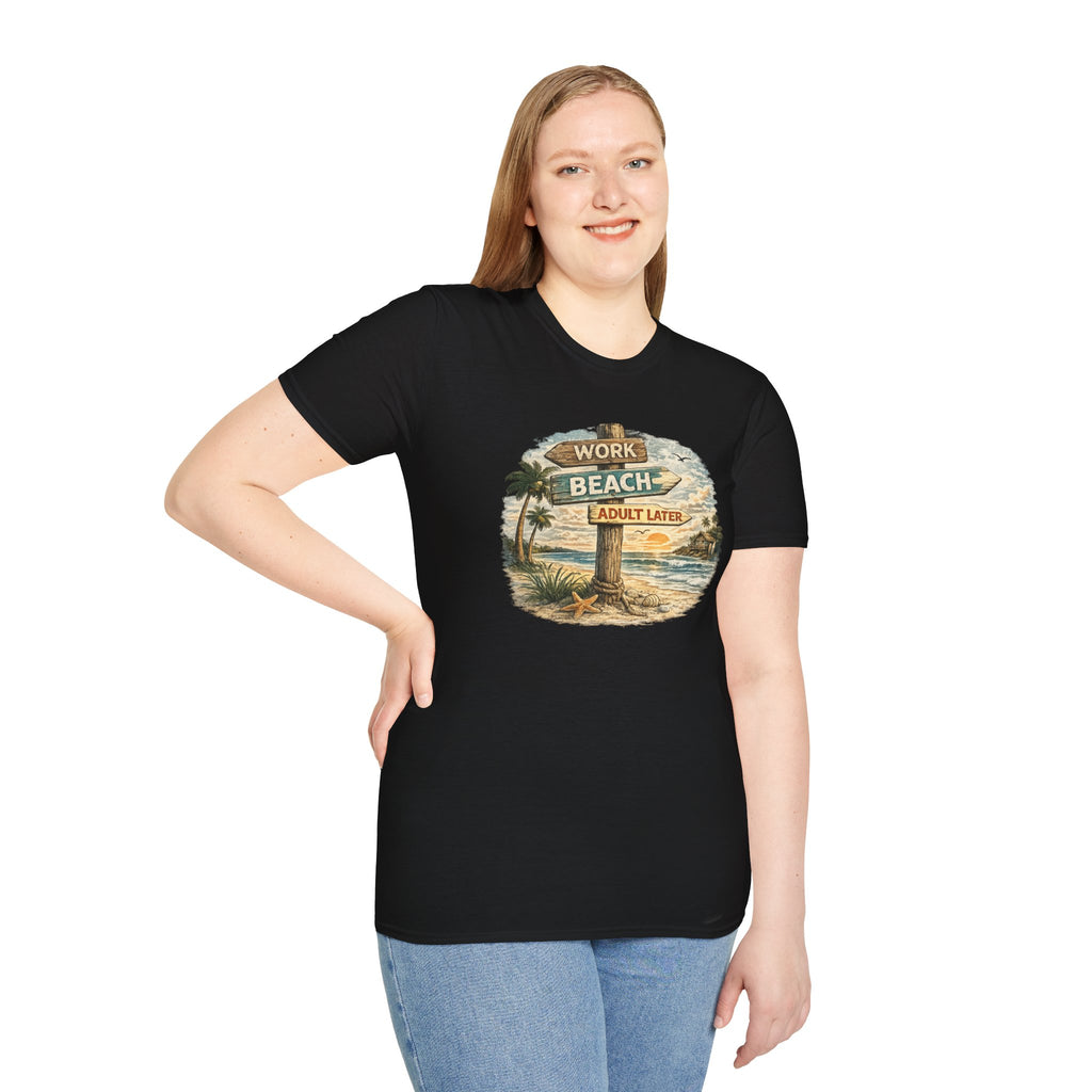 Beach Signpost T-Shirt — "Work Beach, Adult Later" Vintage Sunset Tee