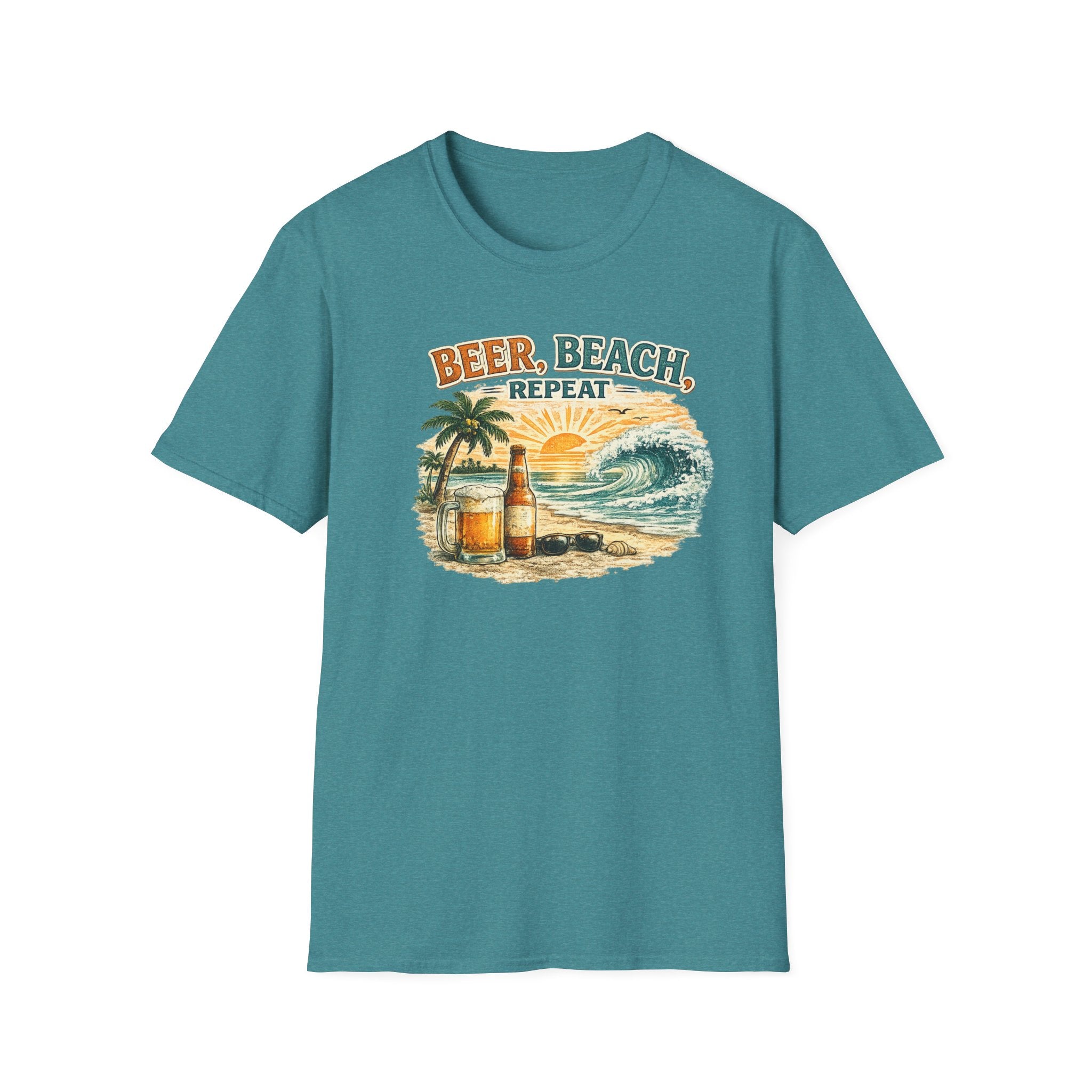 Beach T-Shirt — "Beer, Beach, Repeat" Retro Sunset Surf Tee