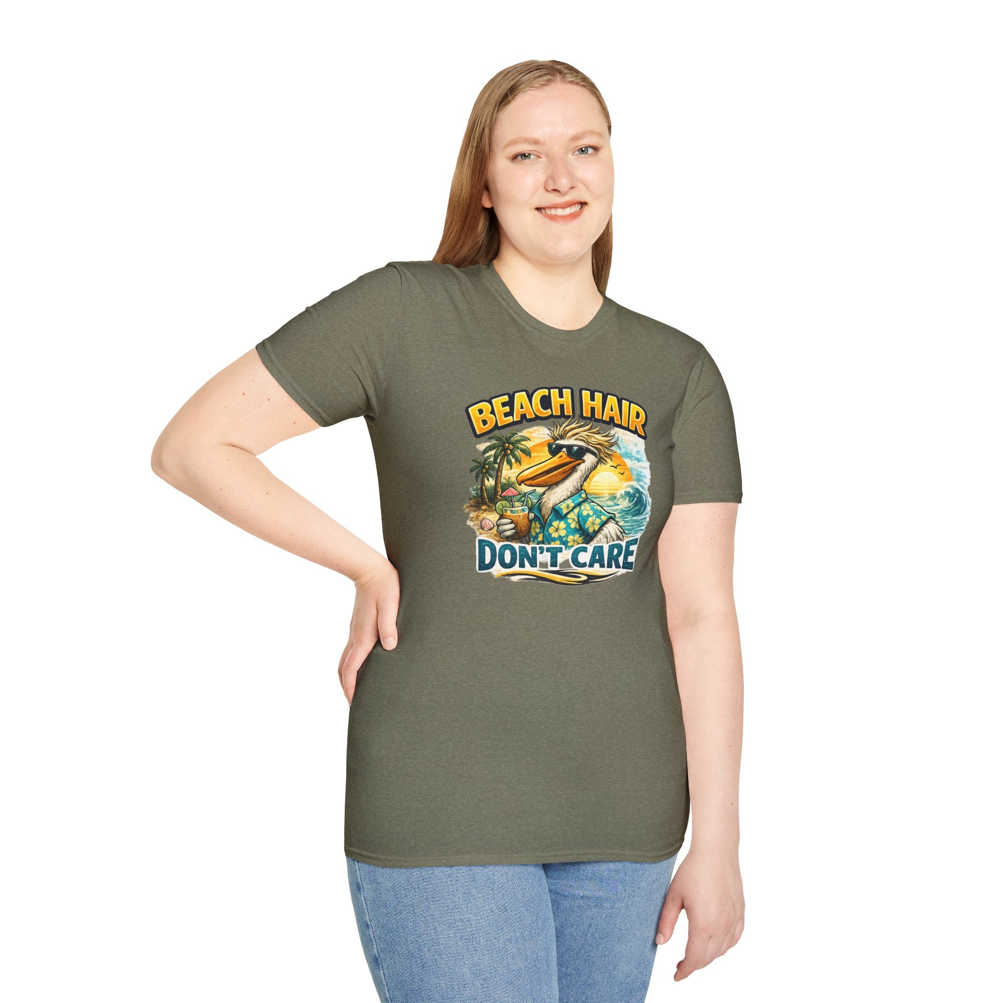 Beach Hair Don't Care T-Shirt — Tropical Pelican Vacation Tee