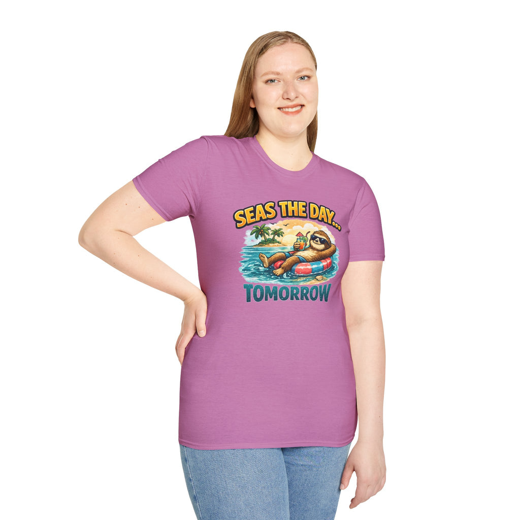 Seas the Day Sloth T-Shirt — Funny Tropical "Seas the Day... Tomorrow" Tee