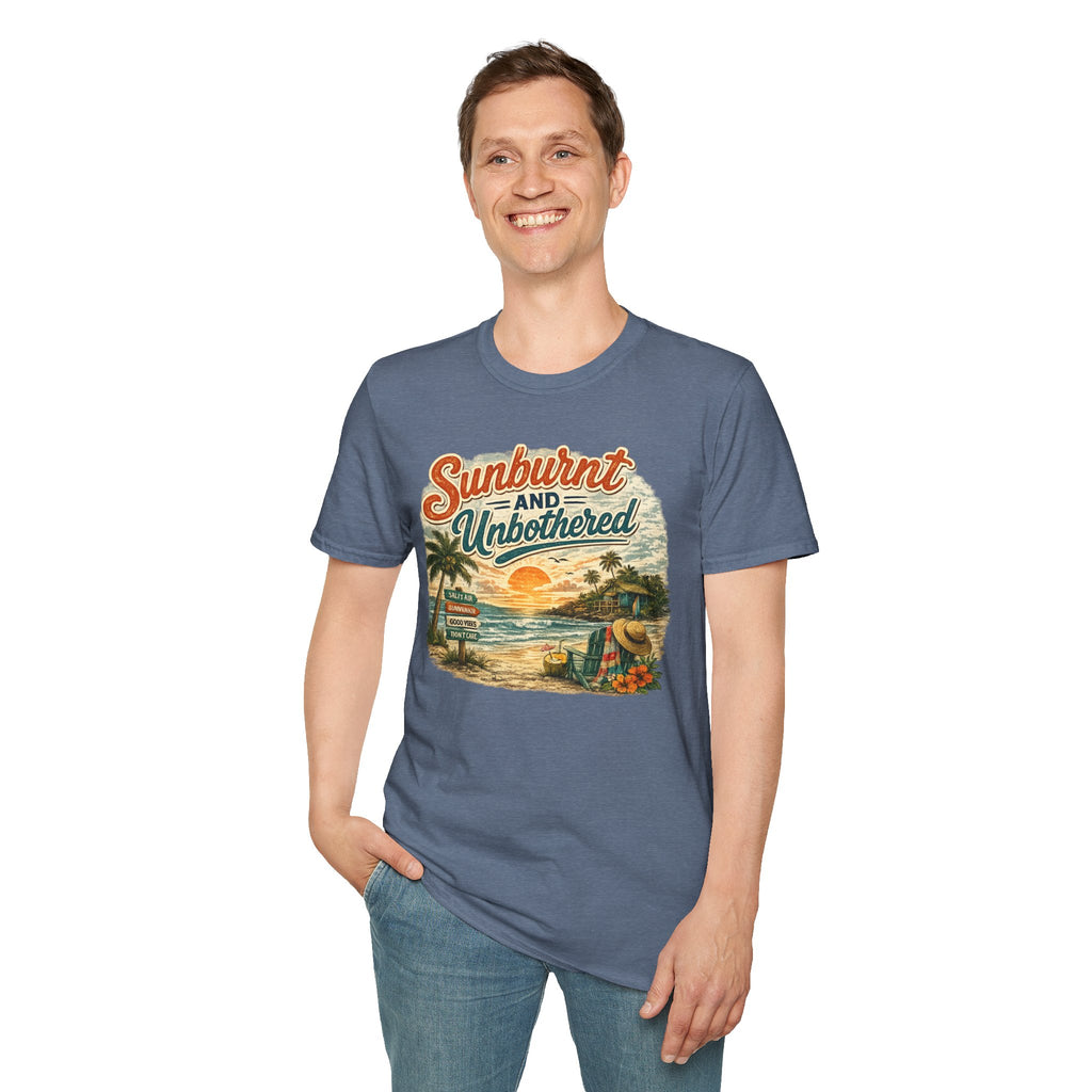 Sunburnt and Unbothered T-Shirt — Retro Beach Vacation Tee