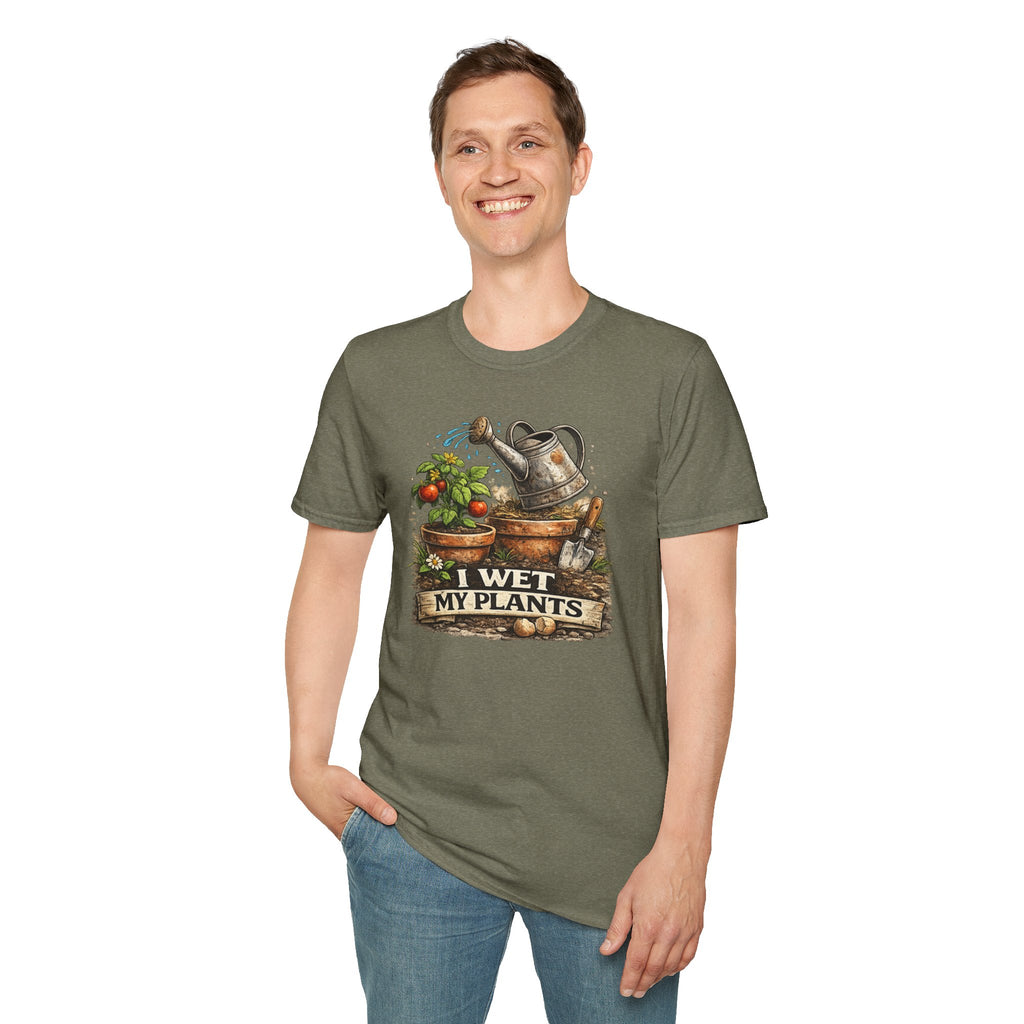 Gardening T-Shirt — "I Wet My Plants" Watering Can & Potted Herbs Tee