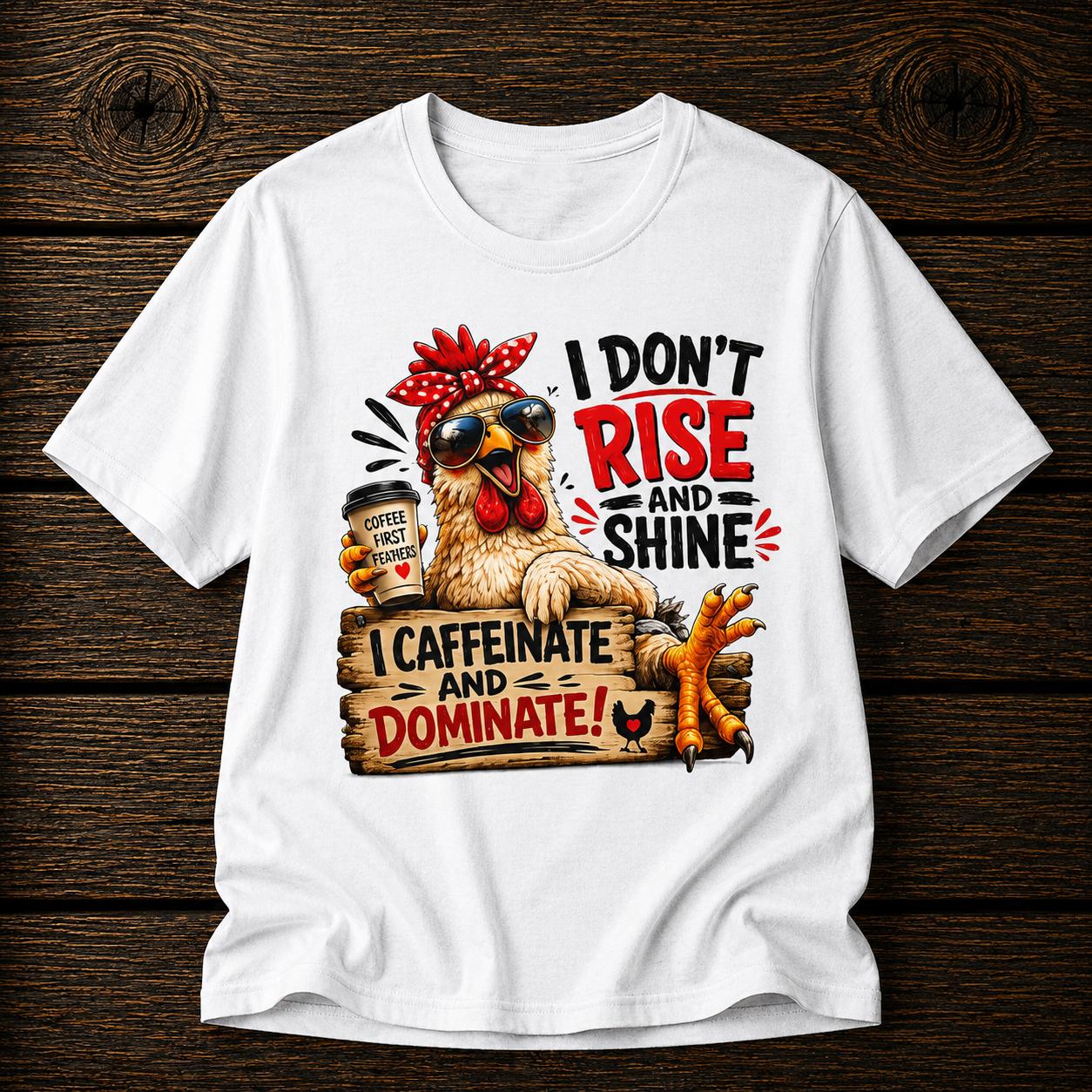 I Don't Rise and Shine Chicken T-Shirt — I Caffeinate and Dominate Funny Graphic Tee