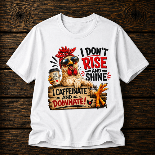 I Don't Rise and Shine Chicken T-Shirt — I Caffeinate and Dominate Funny Graphic Tee