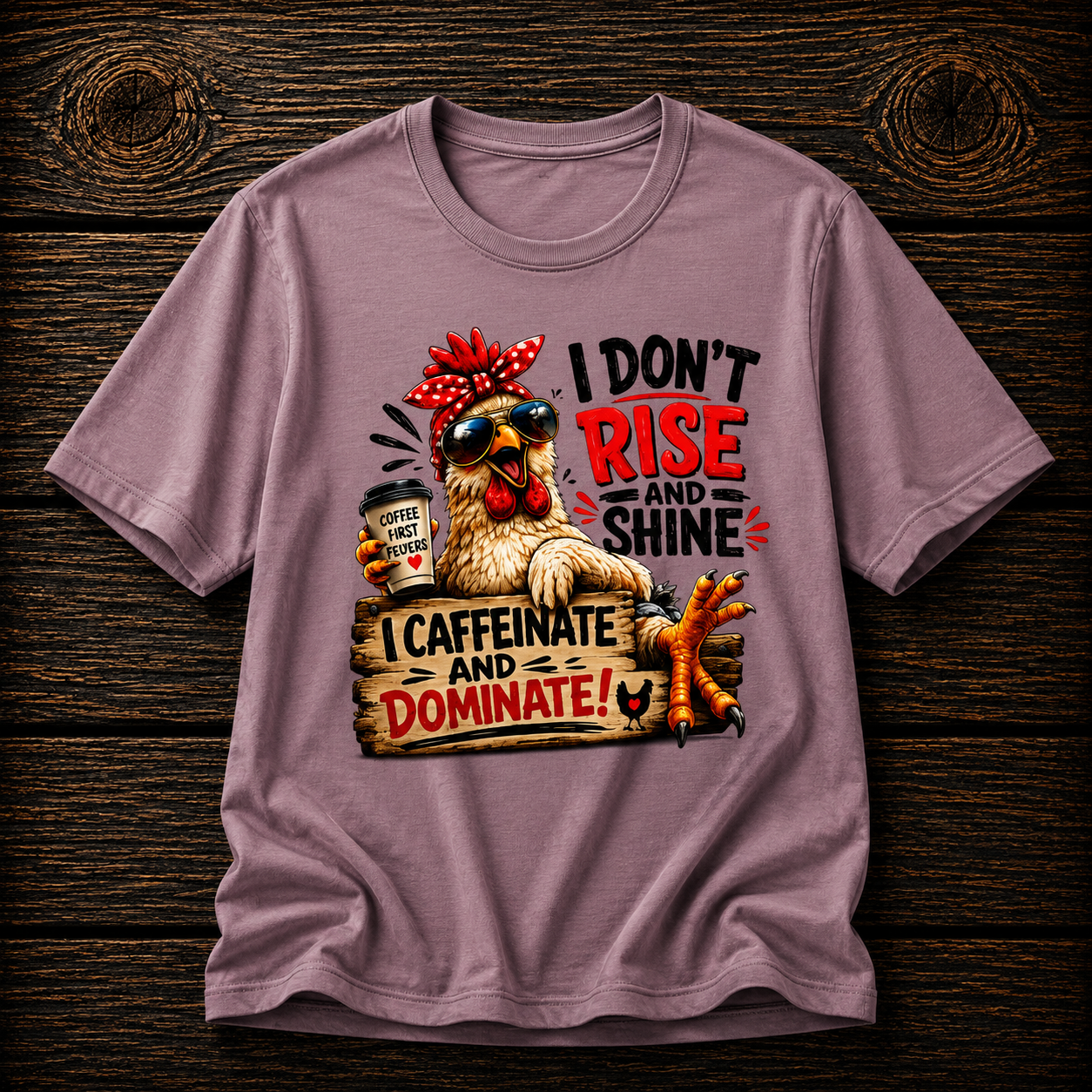 I Don't Rise and Shine Chicken T-Shirt — I Caffeinate and Dominate Funny Graphic Tee