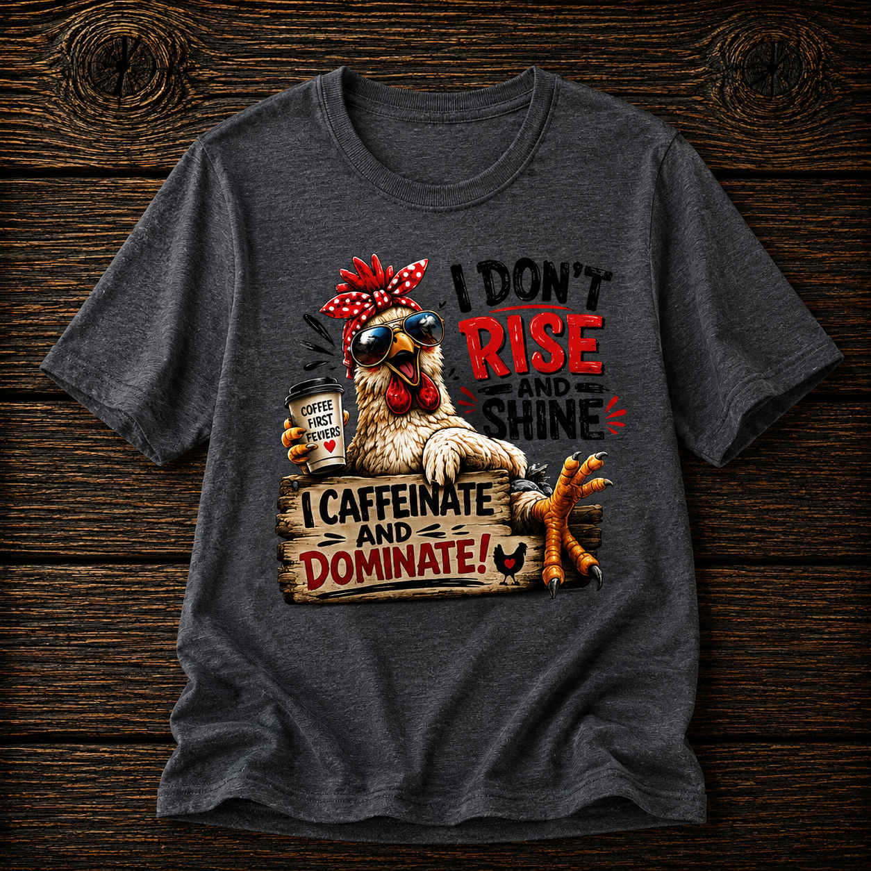 I Don't Rise and Shine Chicken T-Shirt — I Caffeinate and Dominate Funny Graphic Tee