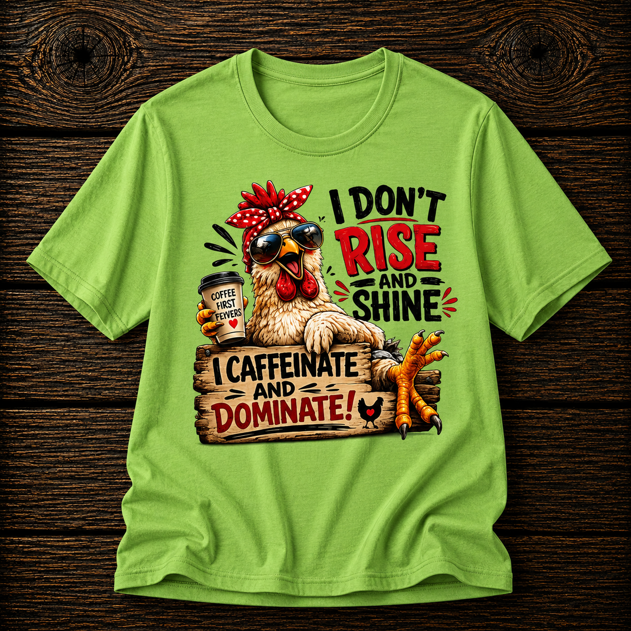 I Don't Rise and Shine Chicken T-Shirt — I Caffeinate and Dominate Funny Graphic Tee