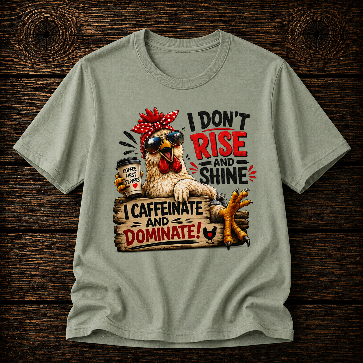I Don't Rise and Shine Chicken T-Shirt — I Caffeinate and Dominate Funny Graphic Tee
