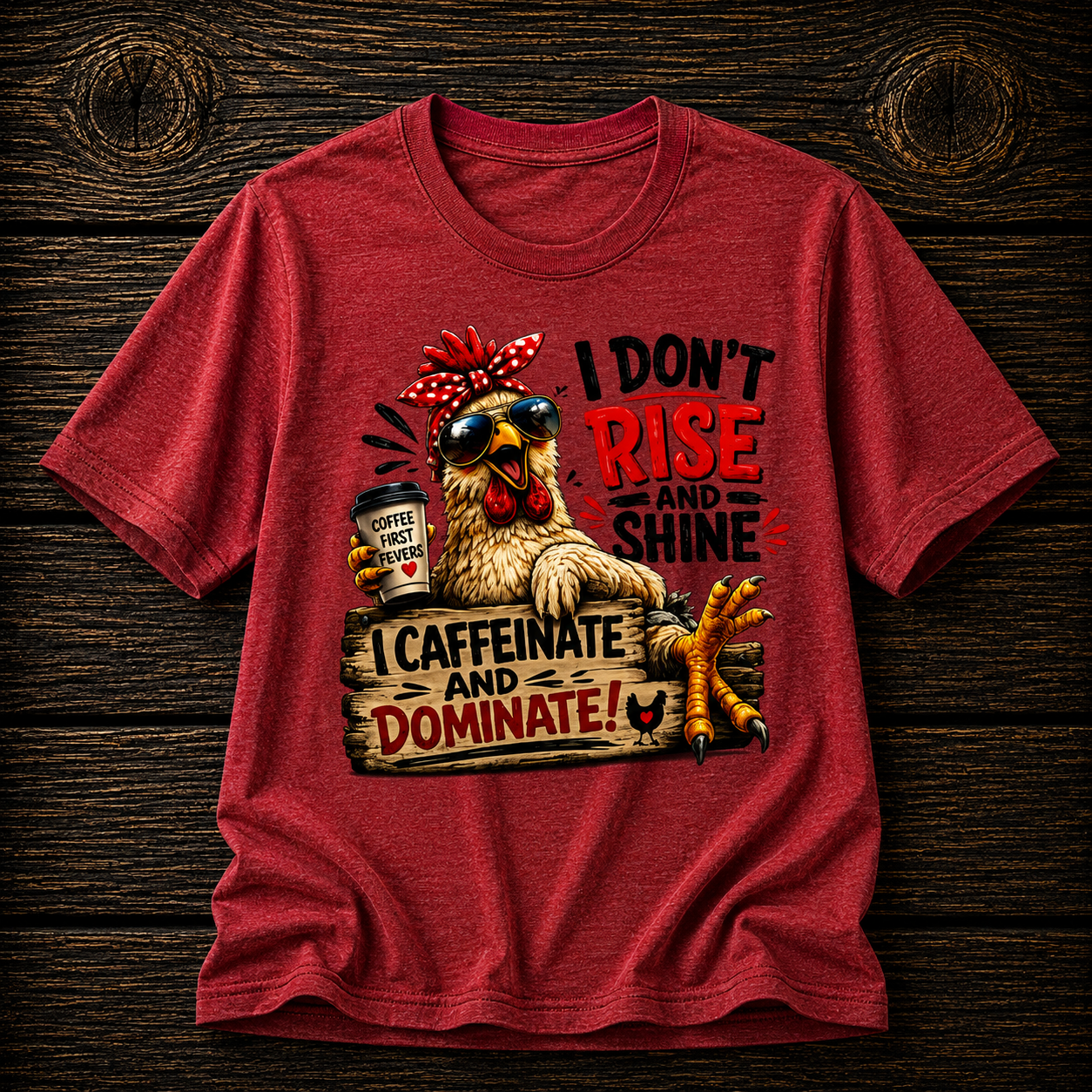 I Don't Rise and Shine Chicken T-Shirt — I Caffeinate and Dominate Funny Graphic Tee