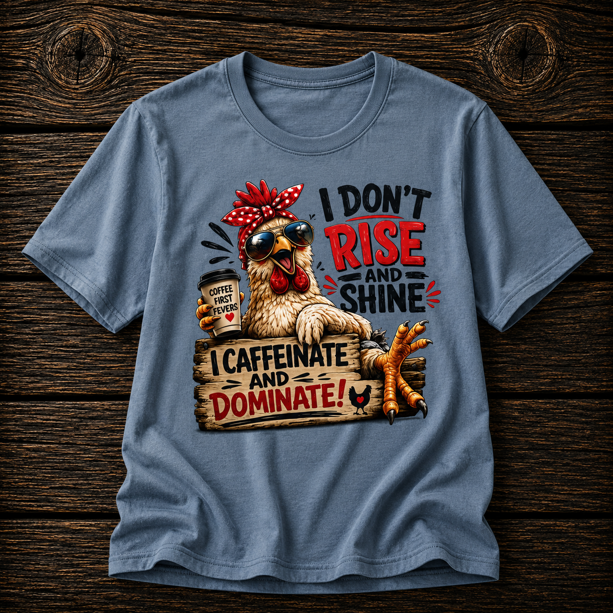 I Don't Rise and Shine Chicken T-Shirt — I Caffeinate and Dominate Funny Graphic Tee