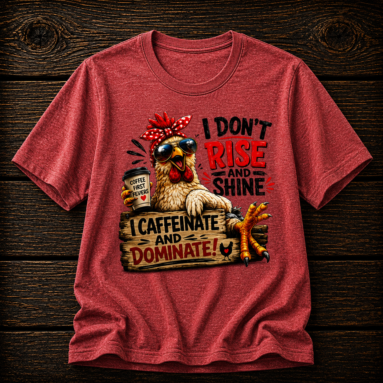 I Don't Rise and Shine Chicken T-Shirt — I Caffeinate and Dominate Funny Graphic Tee