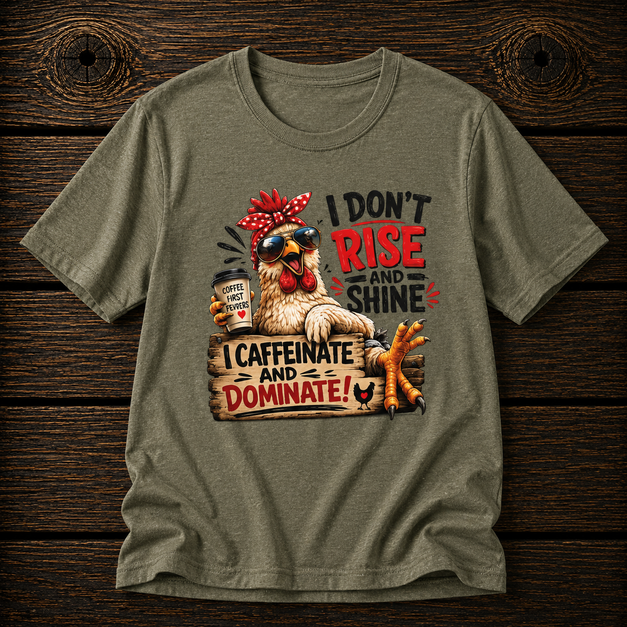 I Don't Rise and Shine Chicken T-Shirt — I Caffeinate and Dominate Funny Graphic Tee