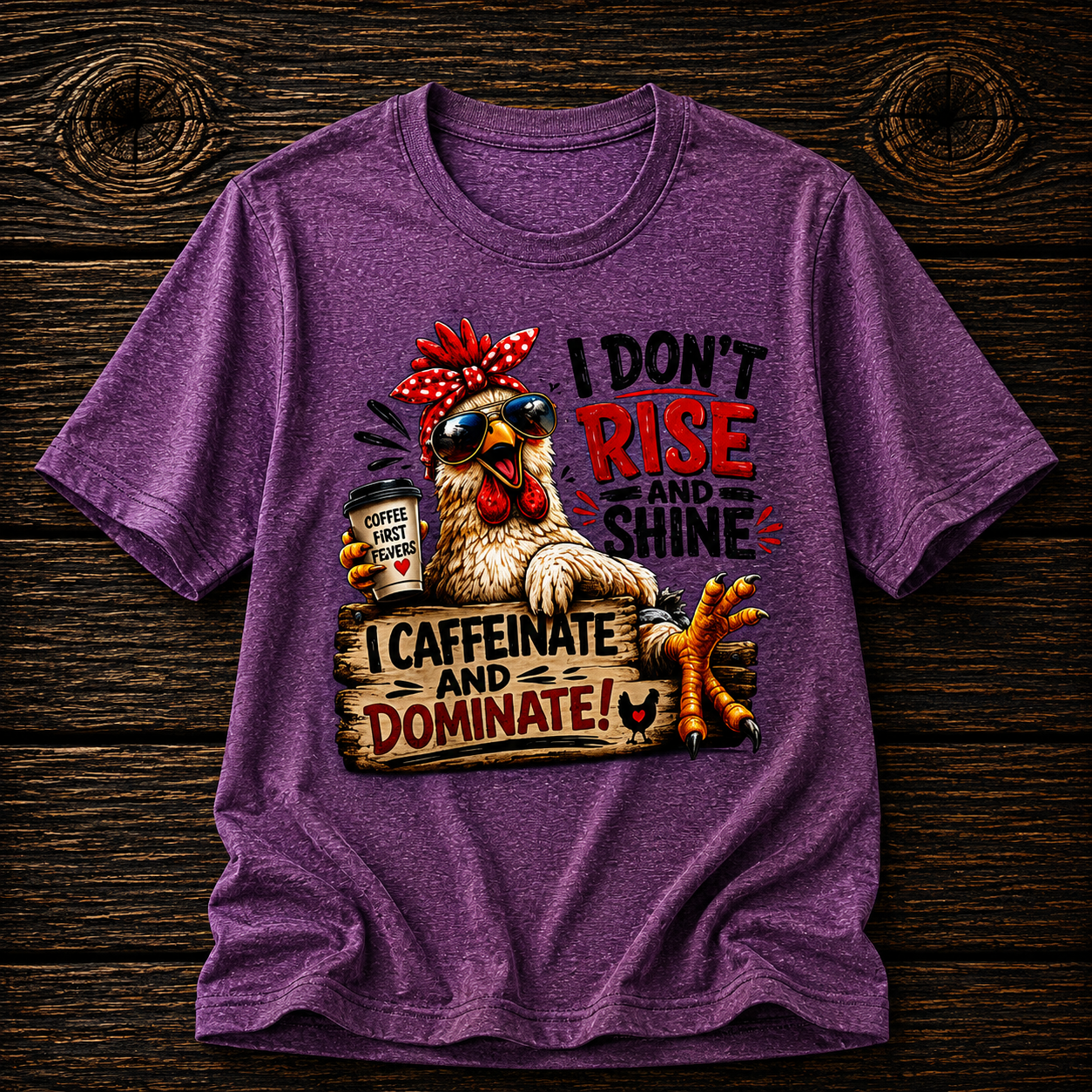 I Don't Rise and Shine Chicken T-Shirt — I Caffeinate and Dominate Funny Graphic Tee