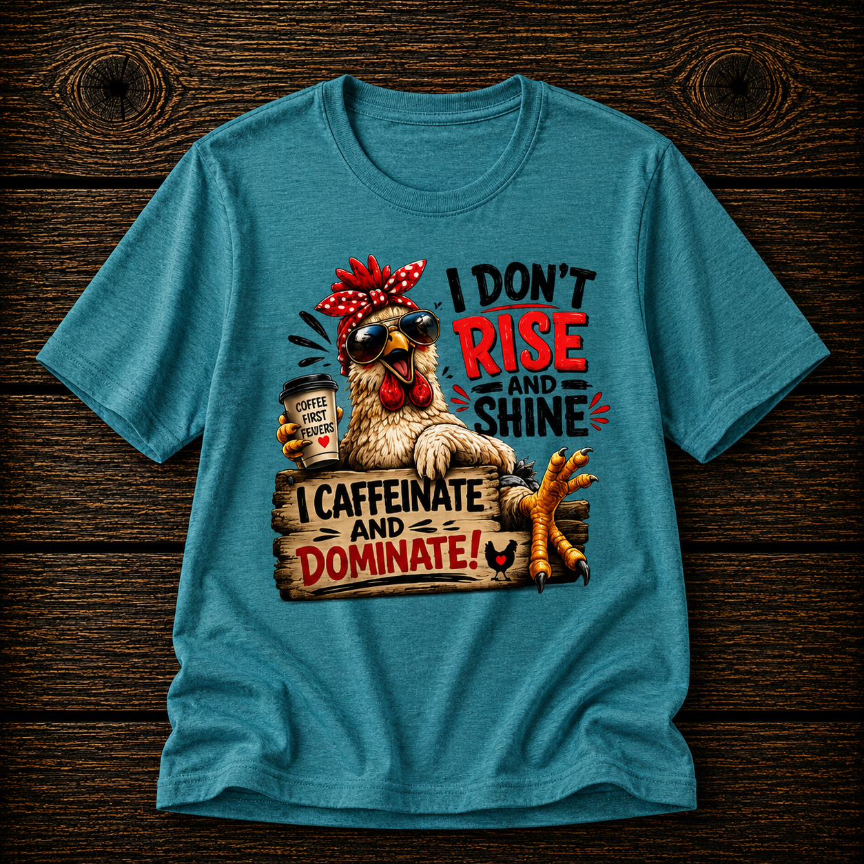 I Don't Rise and Shine Chicken T-Shirt — I Caffeinate and Dominate Funny Graphic Tee