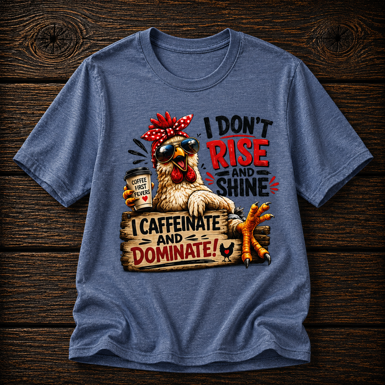 I Don't Rise and Shine Chicken T-Shirt — I Caffeinate and Dominate Funny Graphic Tee