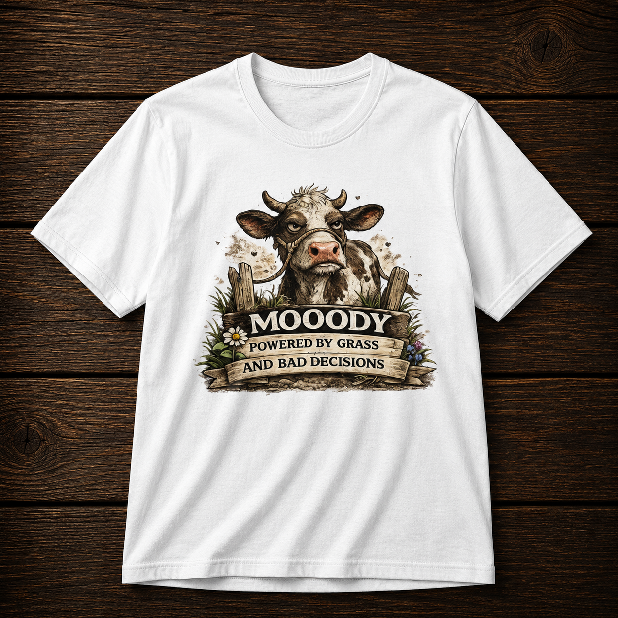 Moody Cow T-Shirt — "Moody: Powered by Grass and Bad Decisions" Graphic Tee