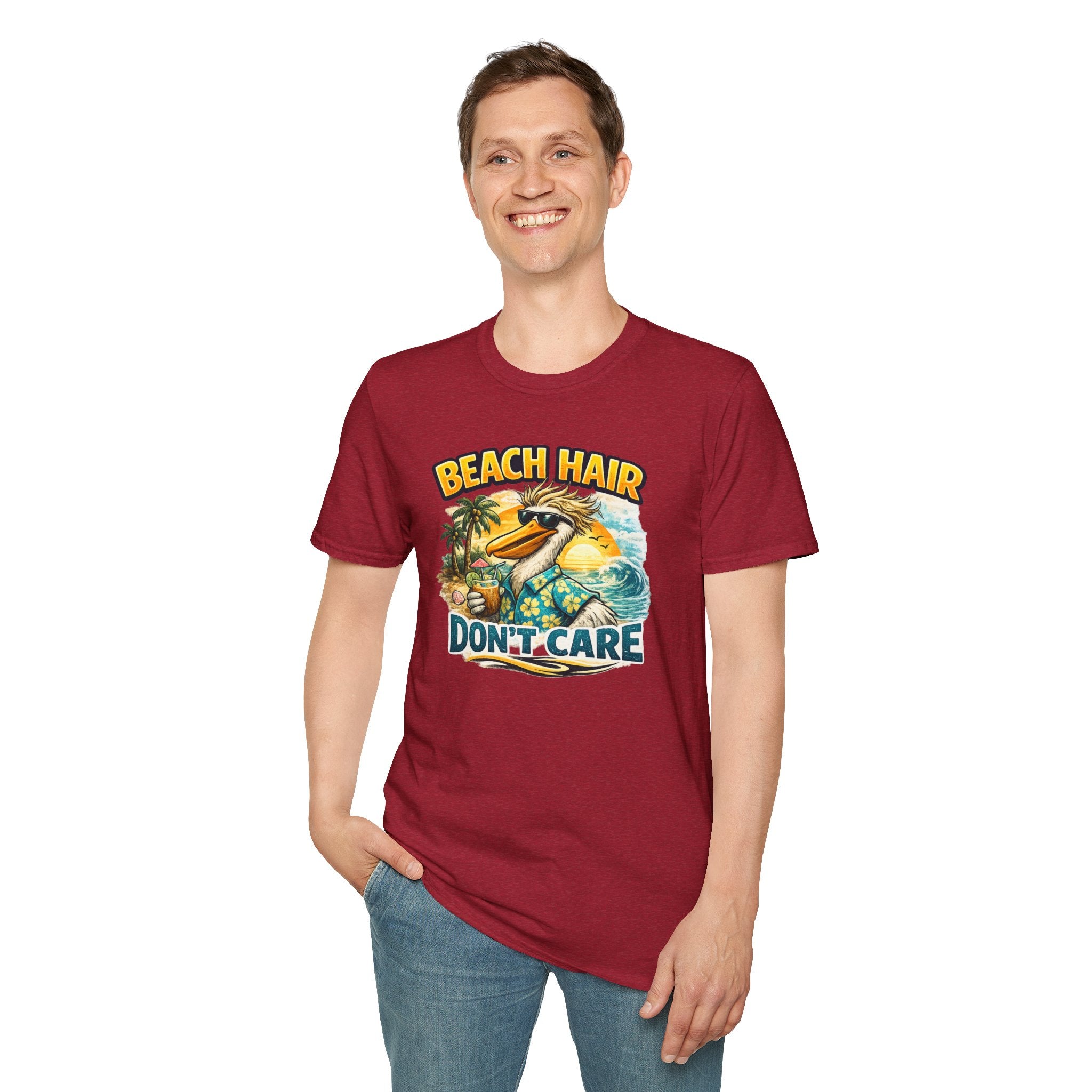 Beach Hair Don't Care T-Shirt — Tropical Pelican Vacation Tee