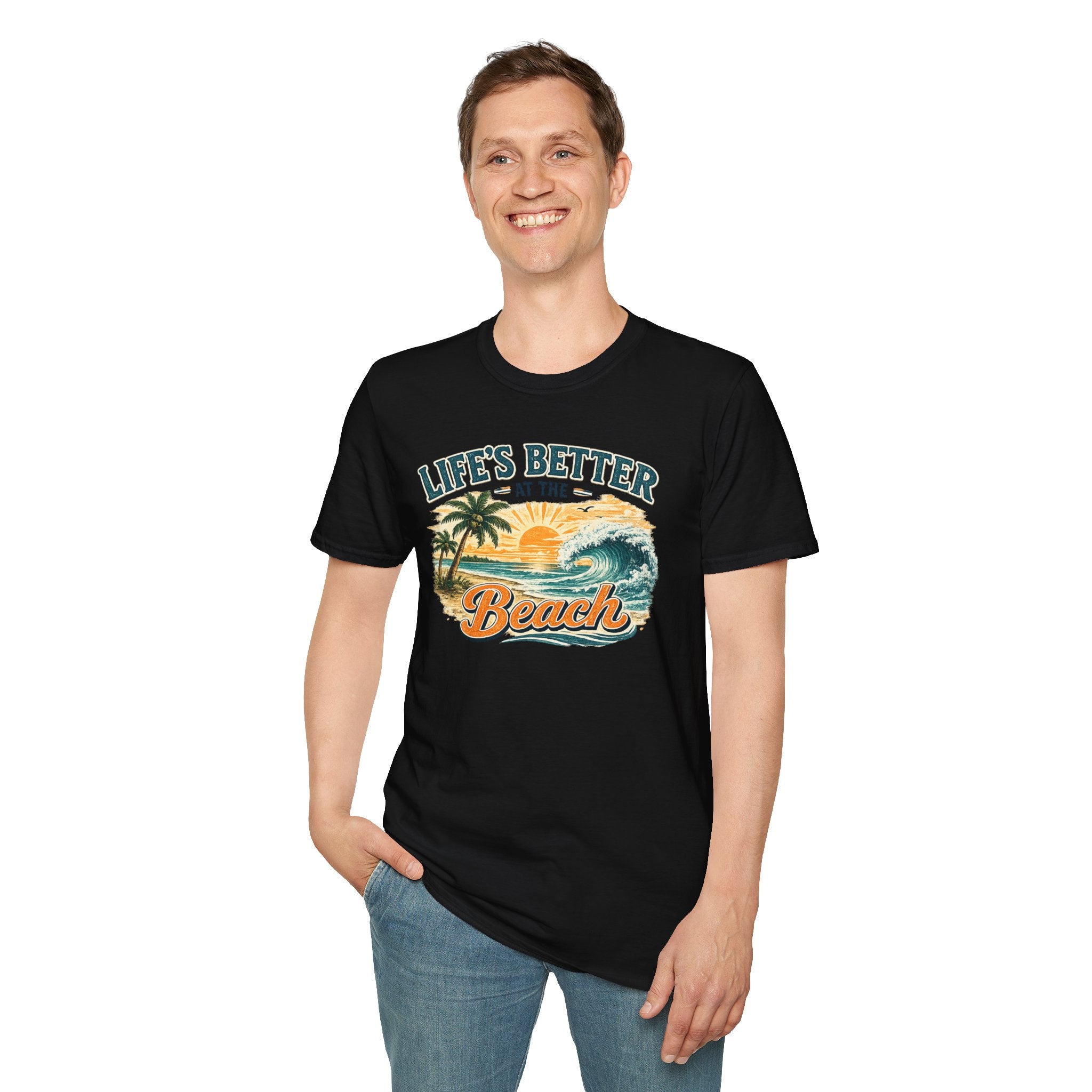 Beach T-Shirt — “Life’s Better at the Beach” Vintage Sunset Tee