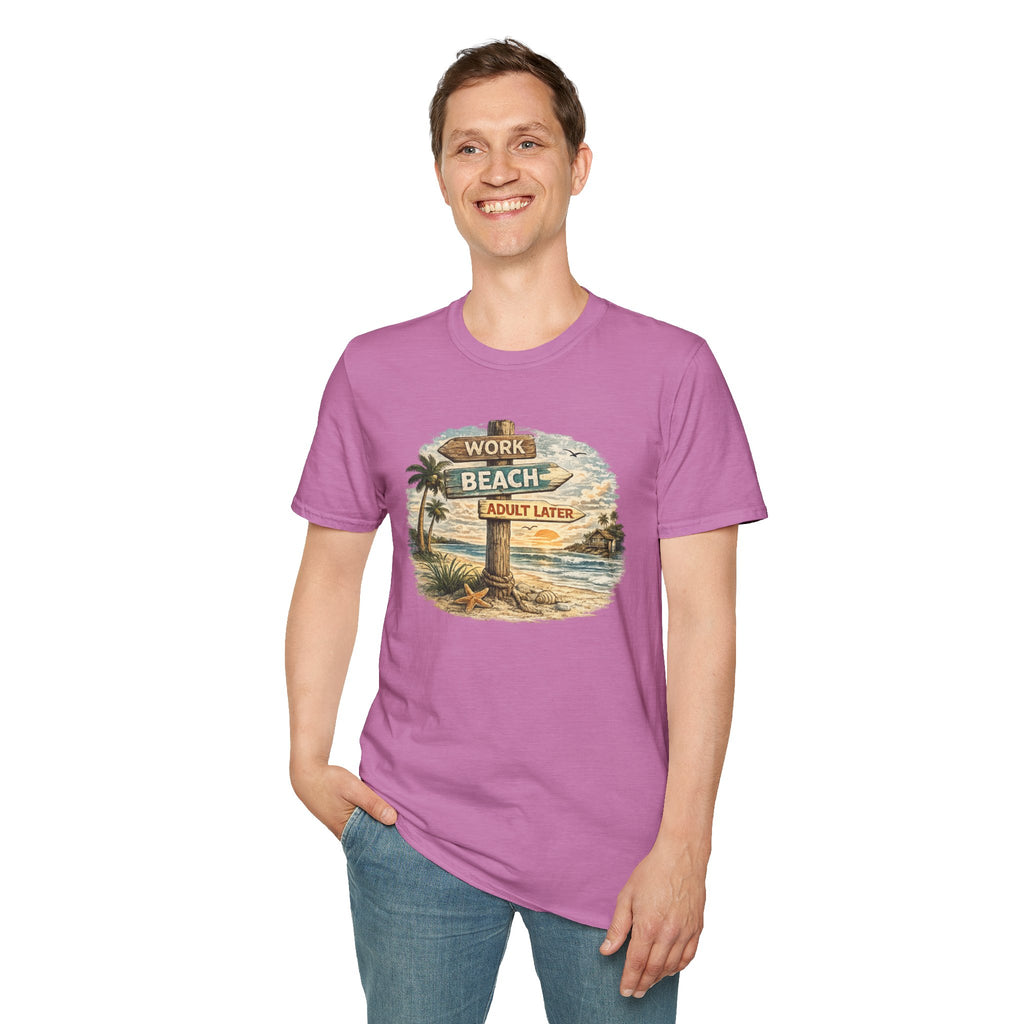 Beach Signpost T-Shirt — "Work Beach, Adult Later" Vintage Sunset Tee