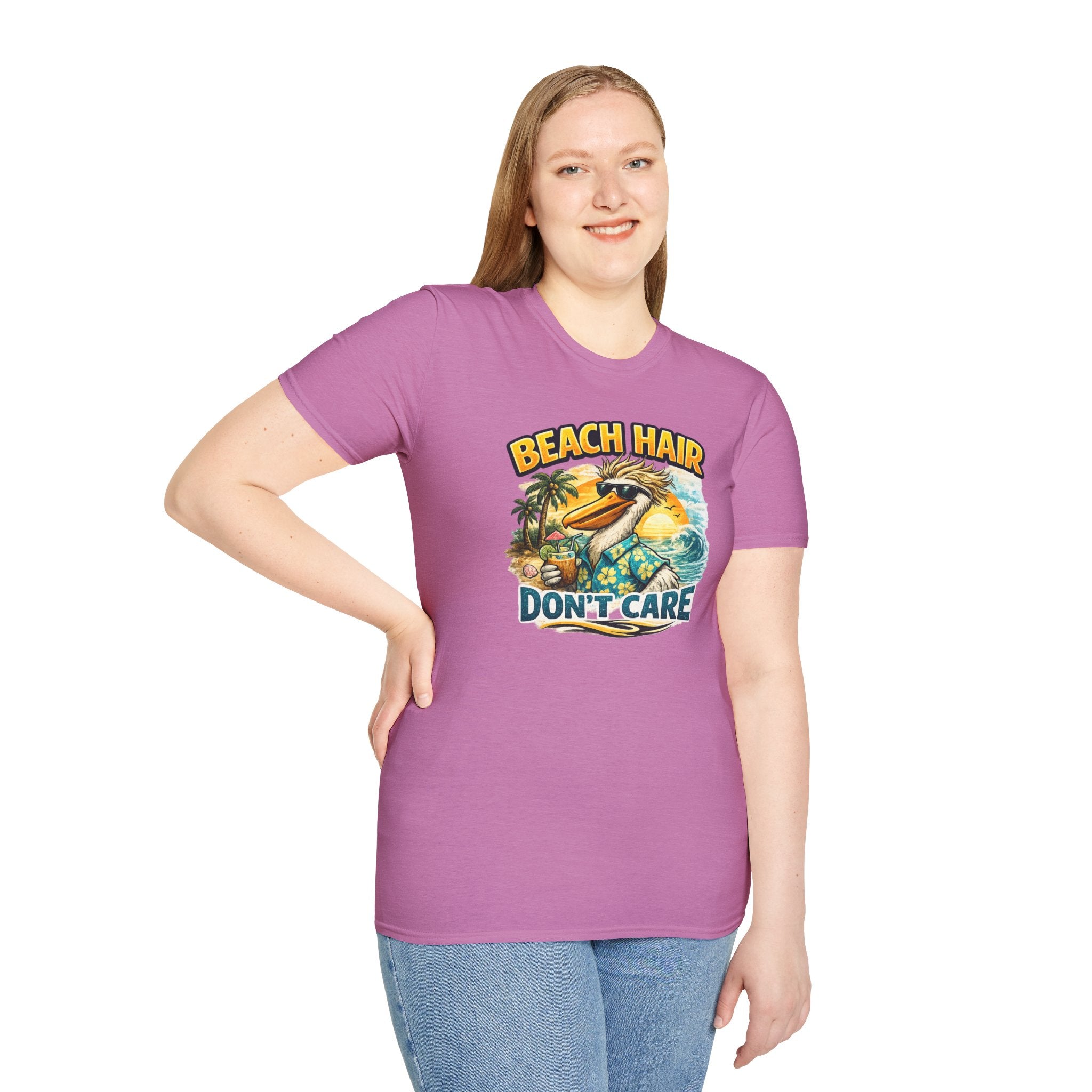 Beach Hair Don't Care T-Shirt — Tropical Pelican Vacation Tee