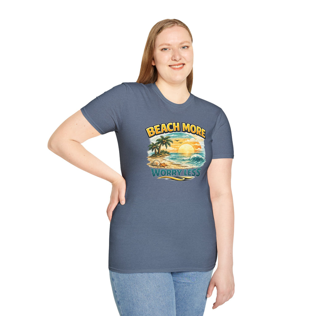 Beach More Worry Less T-Shirt — Vintage Sunset Palm Beach Graphic Tee