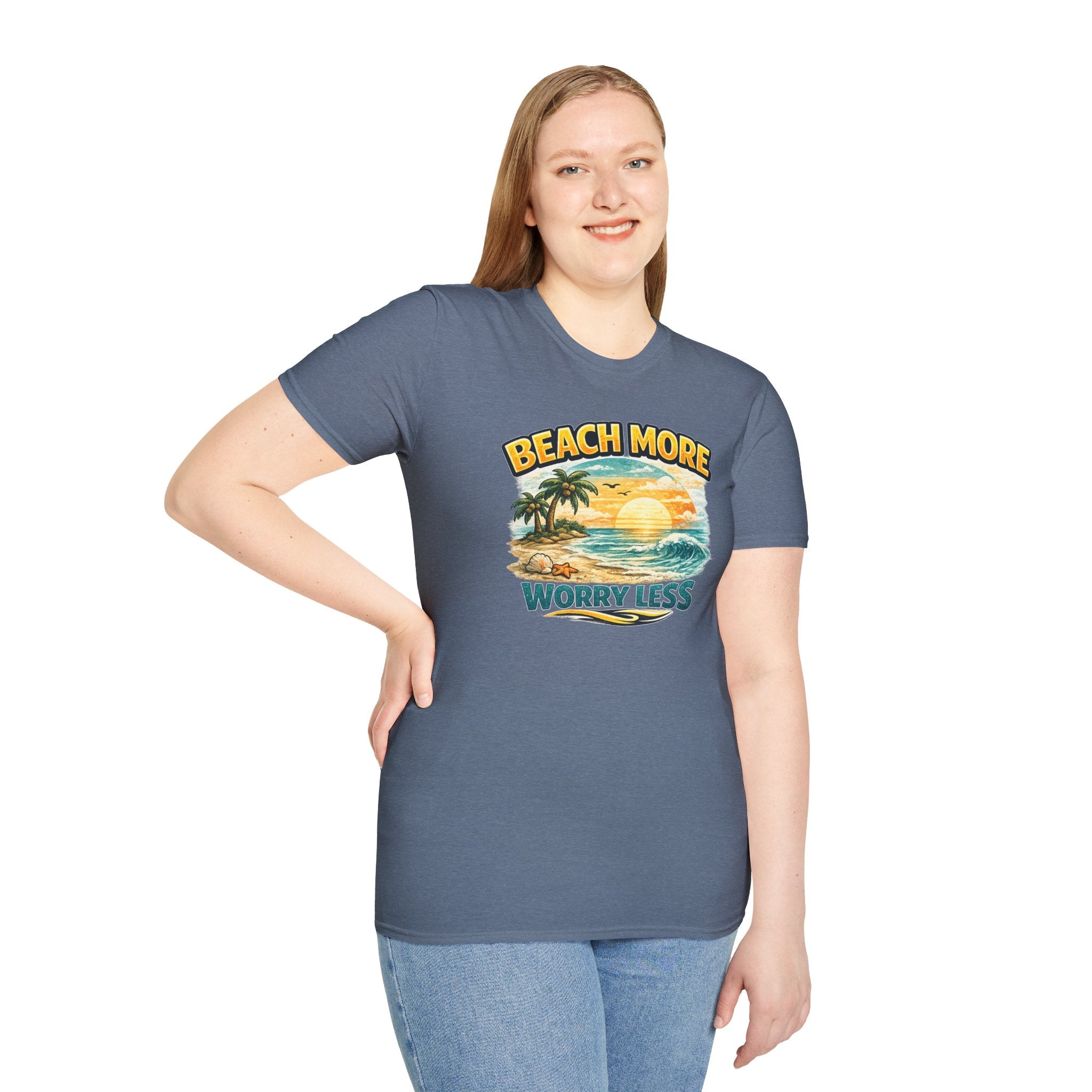 Beach More Worry Less T-Shirt — Vintage Sunset Palm Beach Graphic Tee