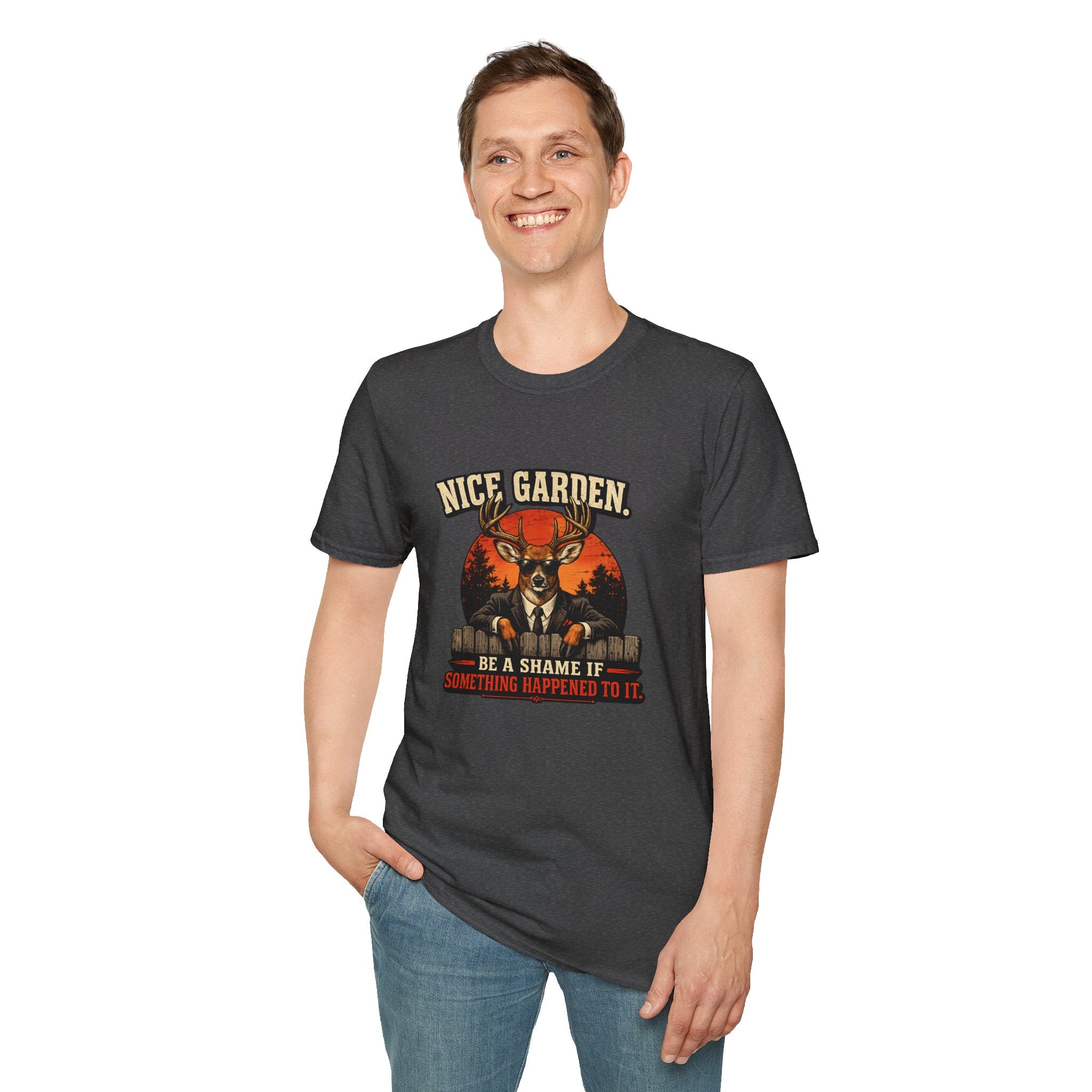 Nice Garden Deer T-Shirt — Vintage Stag Graphic Tee ("Nice Garden" Text)