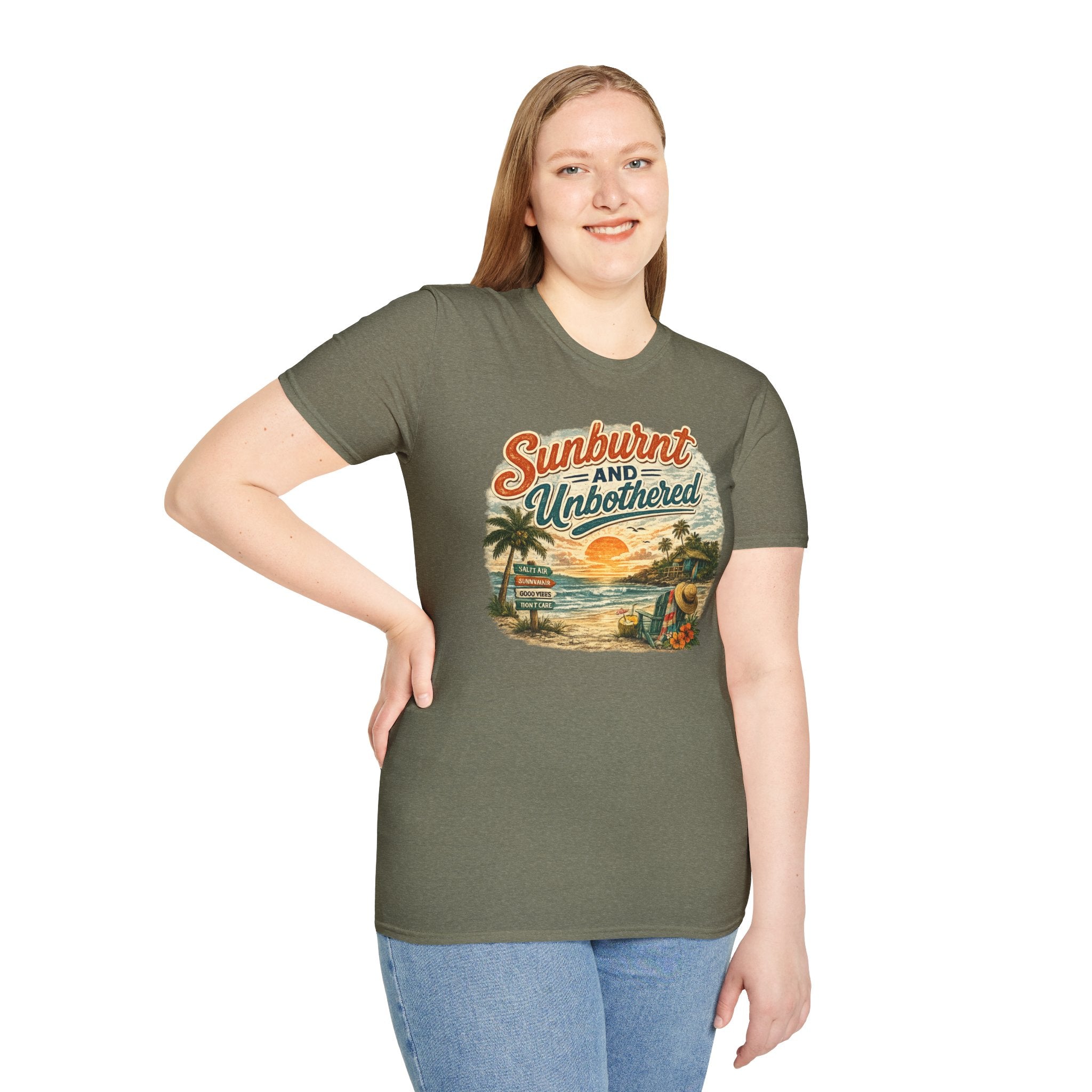 Sunburnt and Unbothered T-Shirt — Retro Beach Vacation Tee