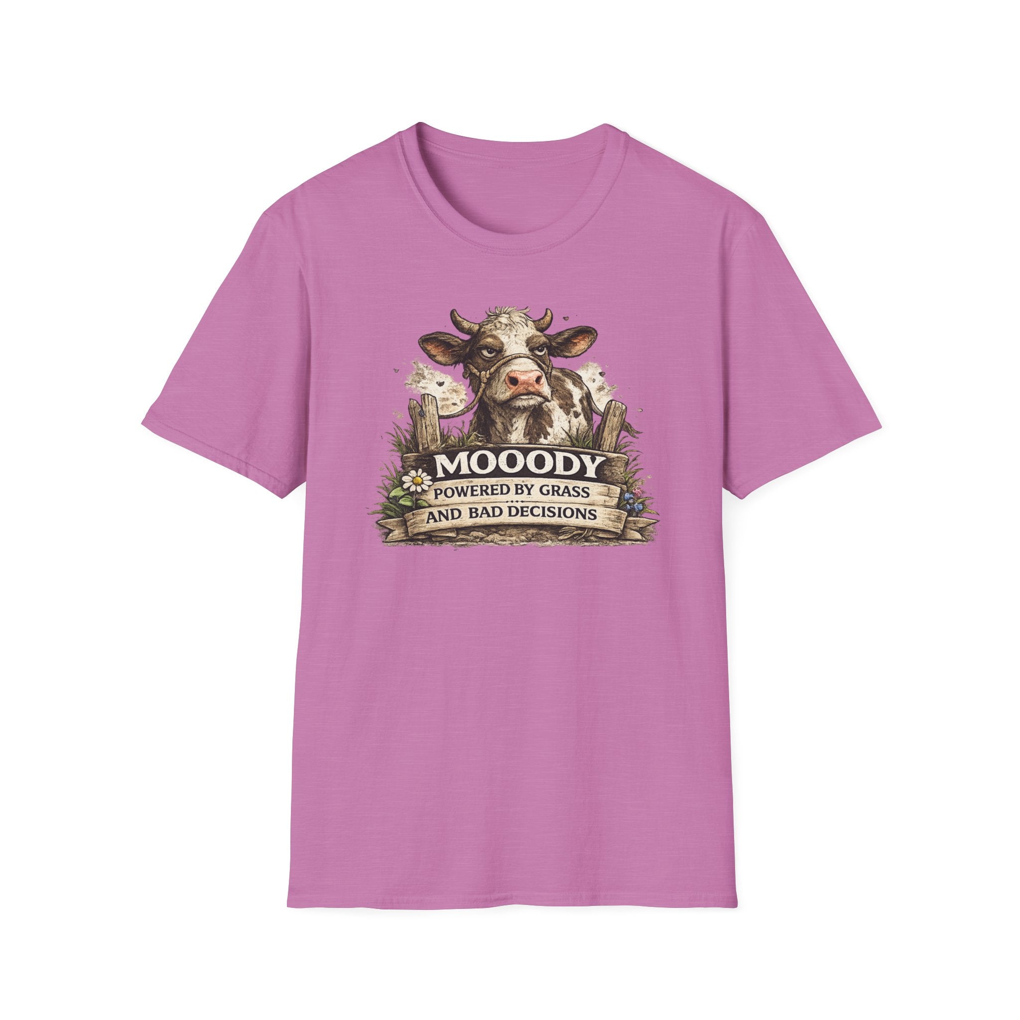 Moody Cow T-Shirt — "Moody: Powered by Grass and Bad Decisions" Graphic Tee