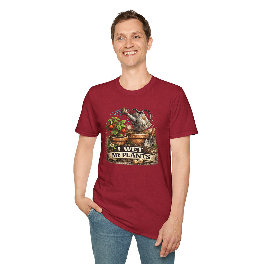 Gardening T-Shirt — "I Wet My Plants" Watering Can & Potted Herbs Tee
