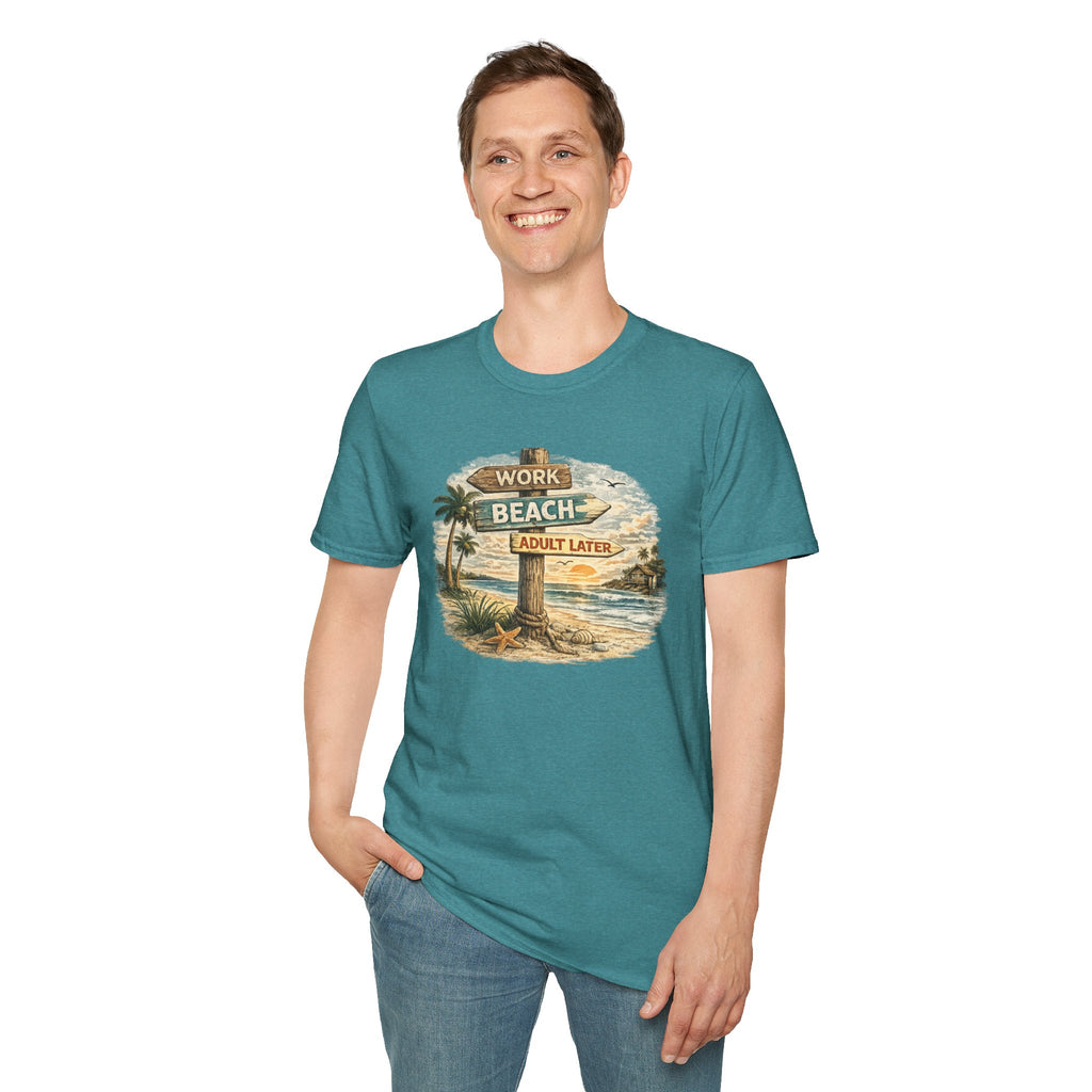 Beach Signpost T-Shirt — "Work Beach, Adult Later" Vintage Sunset Tee