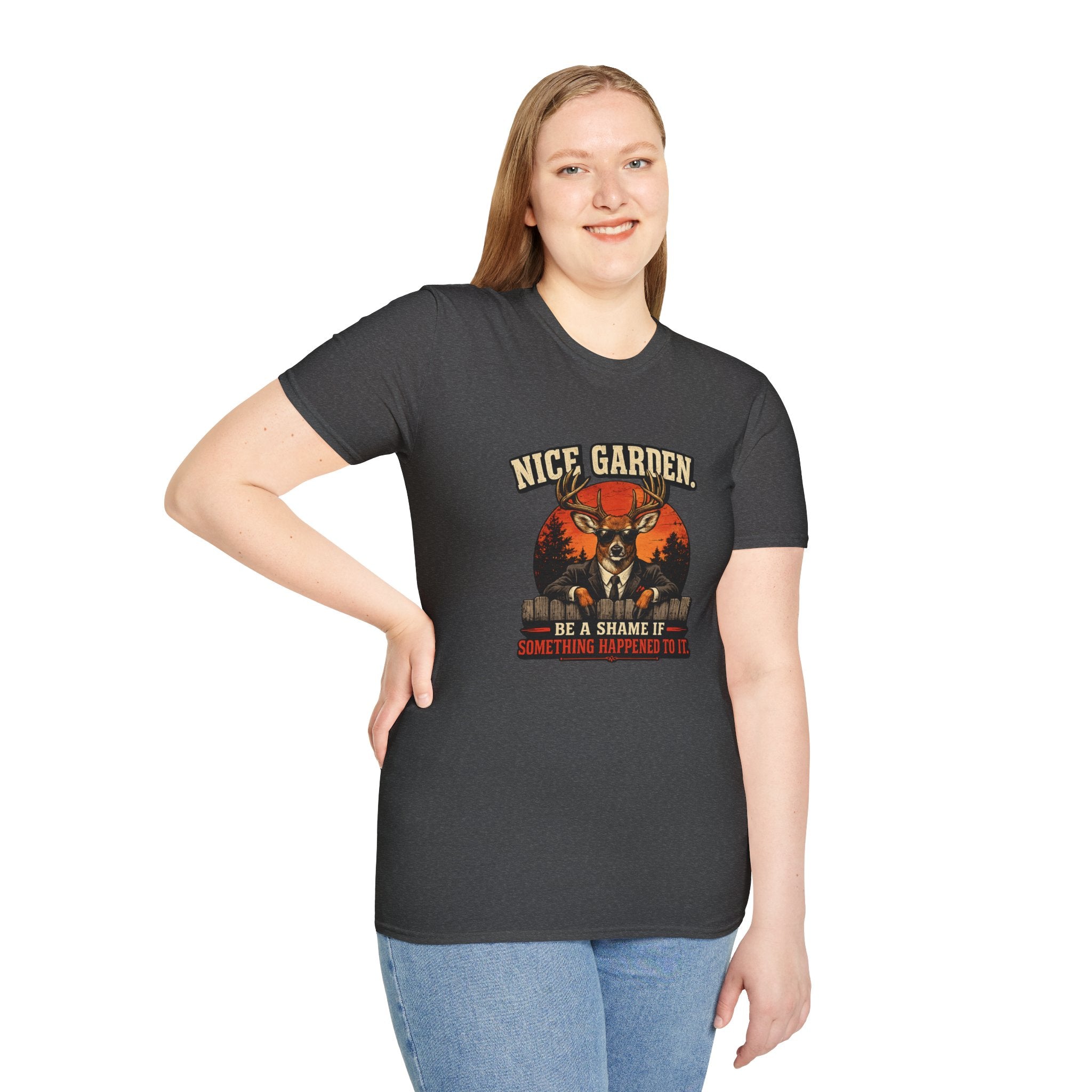 Nice Garden Deer T-Shirt — Vintage Stag Graphic Tee ("Nice Garden" Text)