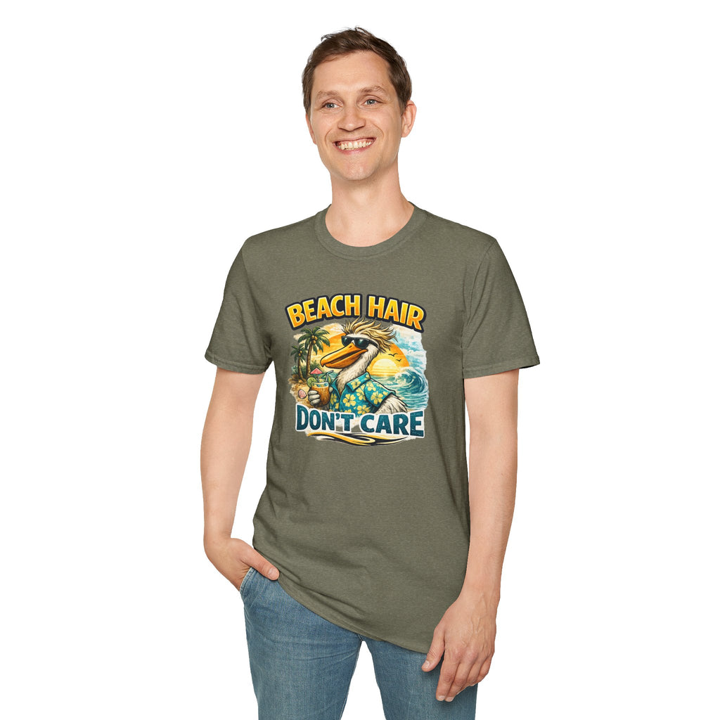 Beach Hair Don't Care T-Shirt — Tropical Pelican Vacation Tee