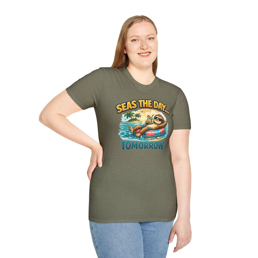 Seas the Day Sloth T-Shirt — Funny Tropical "Seas the Day... Tomorrow" Tee