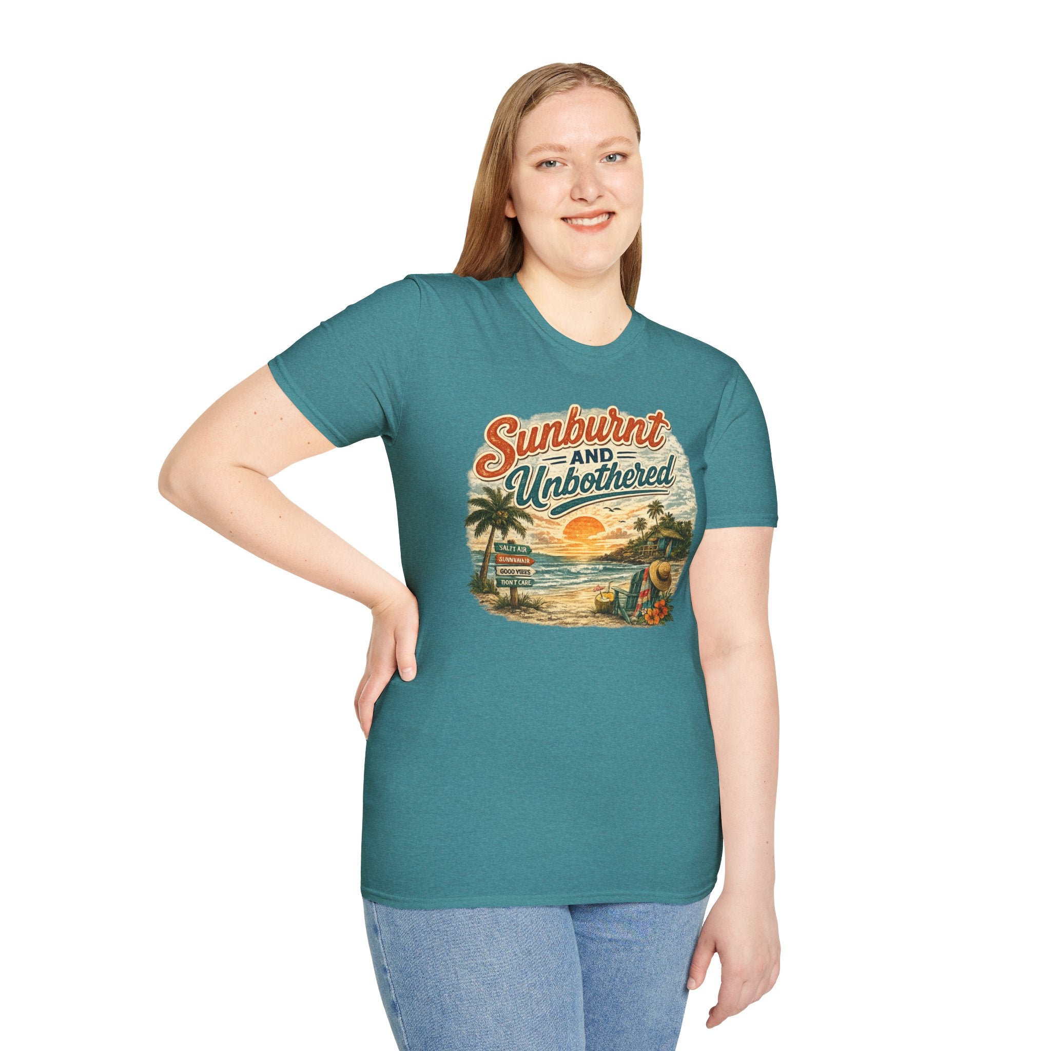 Sunburnt and Unbothered T-Shirt — Retro Beach Vacation Tee