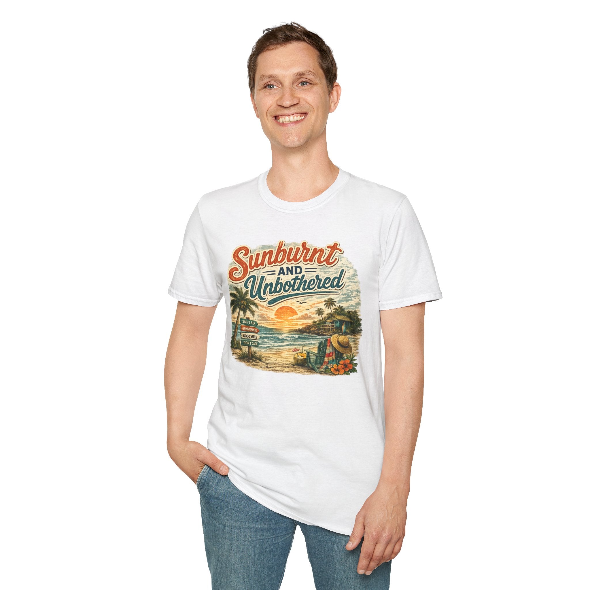 Sunburnt and Unbothered T-Shirt — Retro Beach Vacation Tee