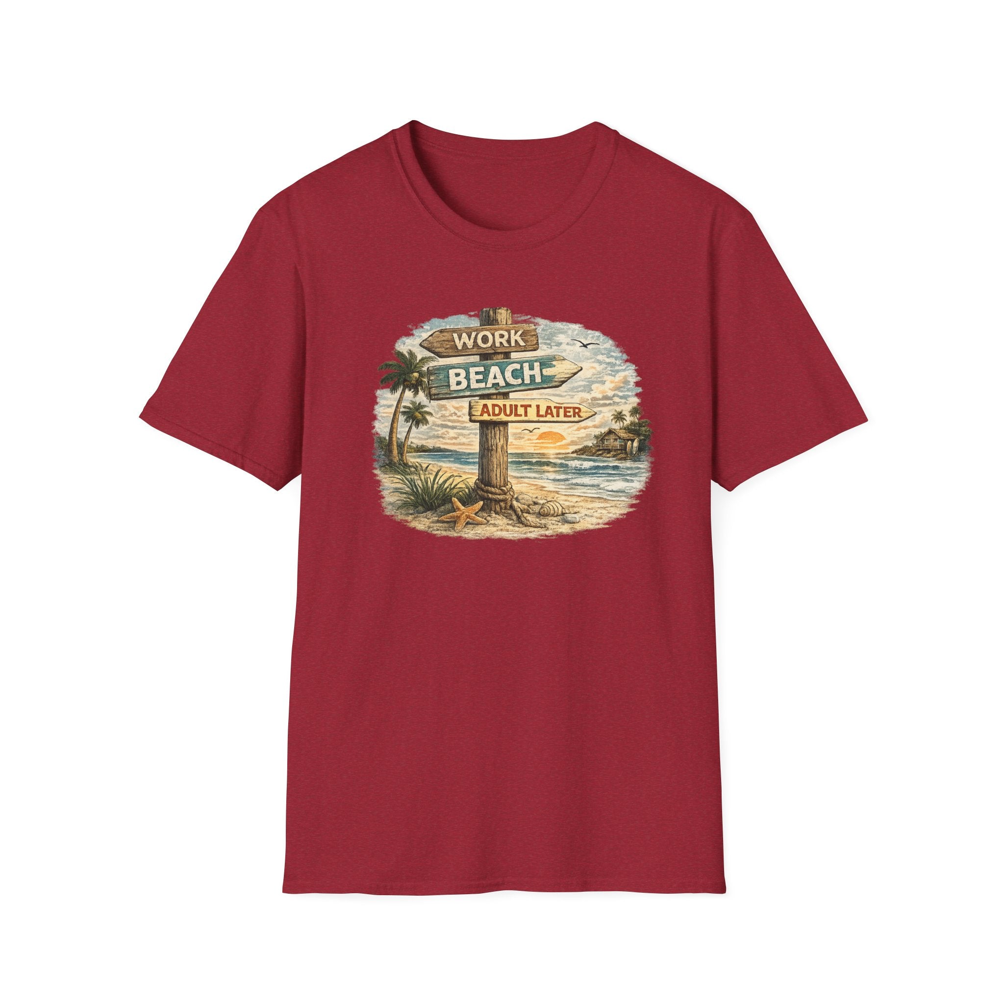 Beach Signpost T-Shirt — "Work Beach, Adult Later" Vintage Sunset Tee